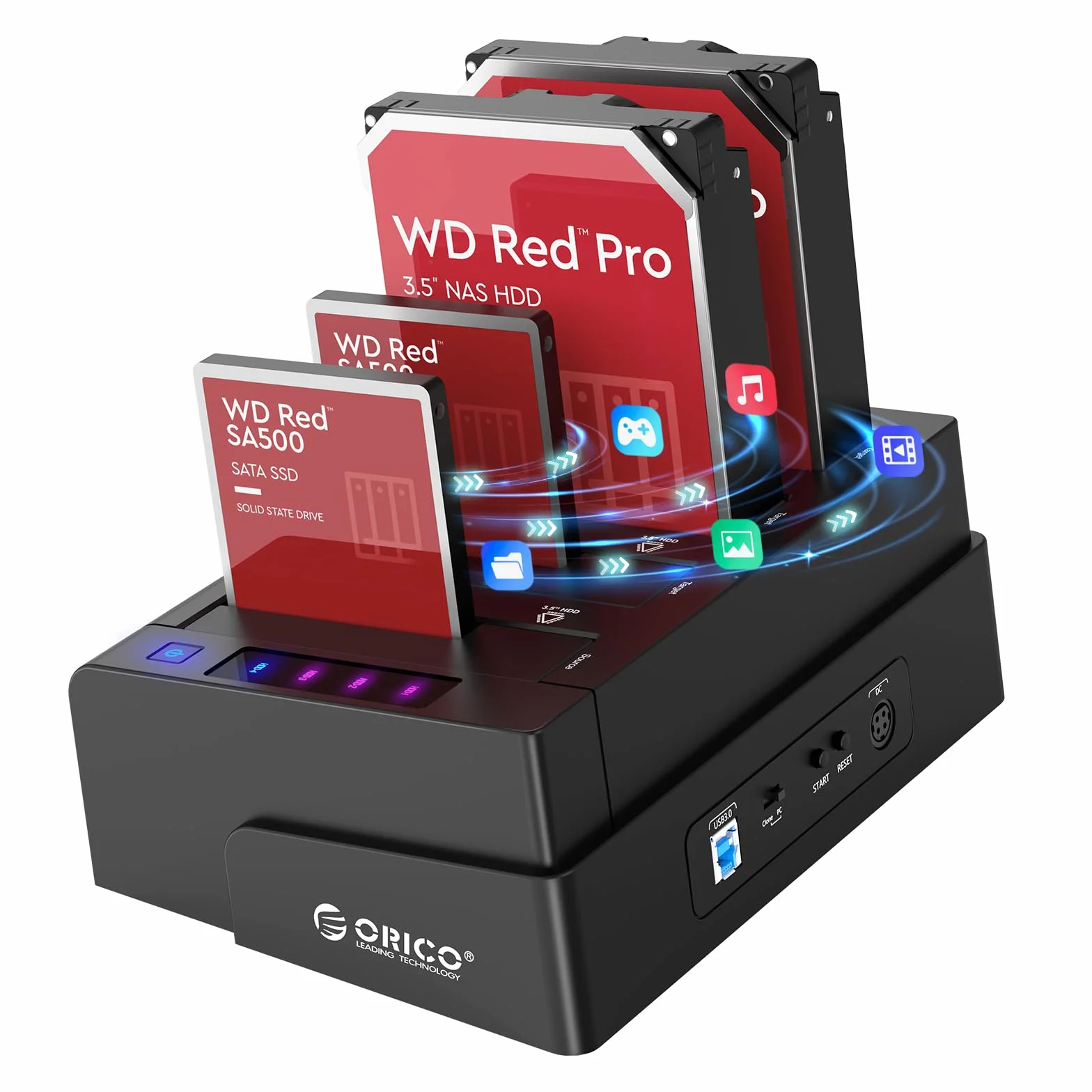 ORICO Stacja do dysków twardych USB 3.0 do SATA, offline klon, 4 gniazda, obudowa 2,5 i 3,5 cala SATA HDD/SSD, 4X 16 TB, zasilacz 12 V 6,5 A (6648US3-C)