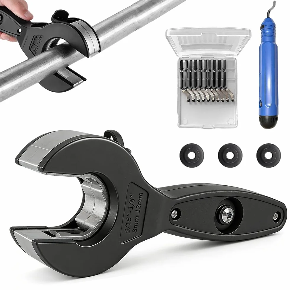 Obcinak do rur ze stali nierdzewnej, do rur miedzianych, 8-29 mm, 2 w 1, do rur ze stali nierdzewnej, miedzi, tworzywa sztucznego, aluminium, w zestawie 3 zapasowe kółka tnące i narzędzie do usuwania