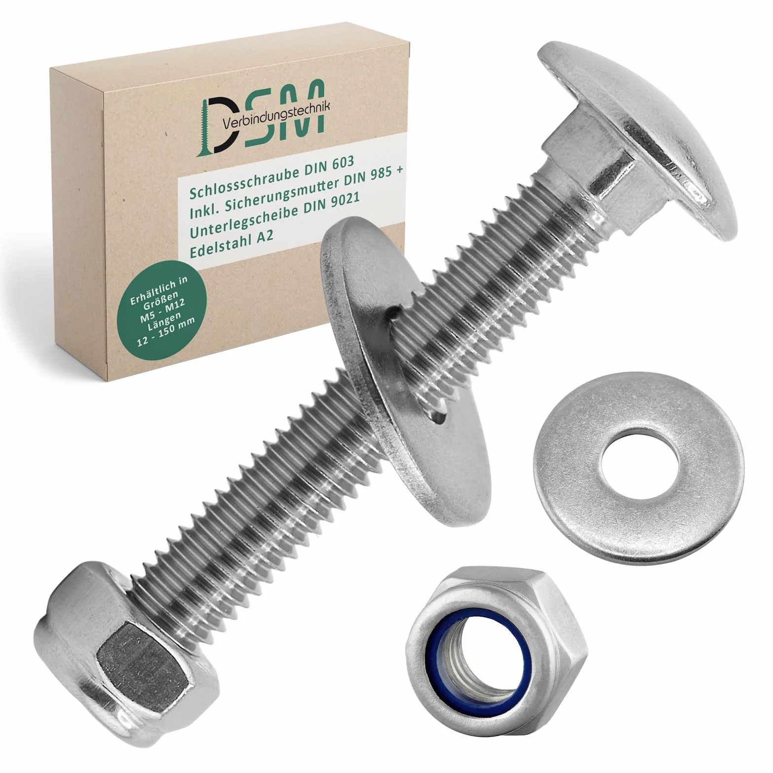DSM – śruby zamkowe M8 x 45 mm zgodnie z DIN 603 – nakrętka zabezpieczająca M8 DIN 985 i podkładka DIN 9021 – stal nierdzewna A2/V2A – śruby z łbem płaskim z nasadką czworokątną – nakrętki stoperowe