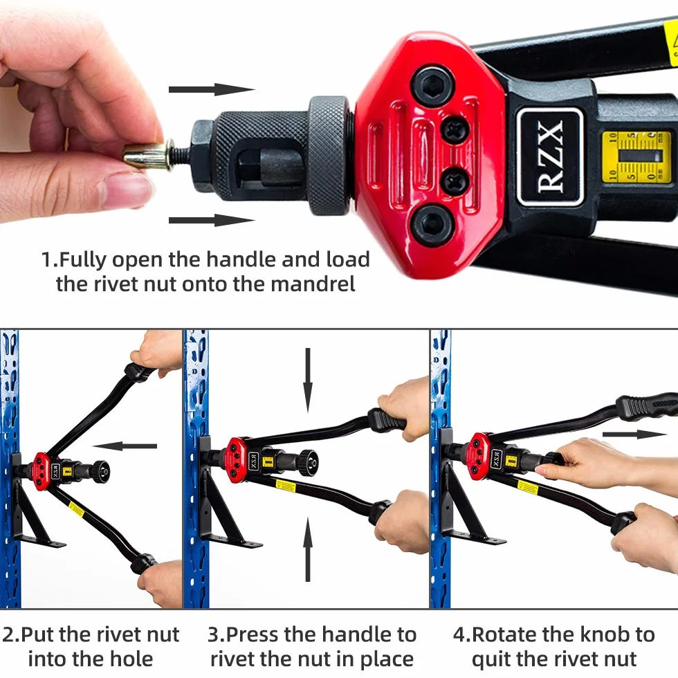 RZX 16" RIVET NUT TOOL Hand Blind Riveter,RIVNUT Riveting Tools with Nut Setting System totally 12mandrels M3 M4 M5,m6,m8,m10 M12, 10-24, 1/4-20, 5/16-18,3/8-16,1/2-13 +115PCS Rivets Nuts