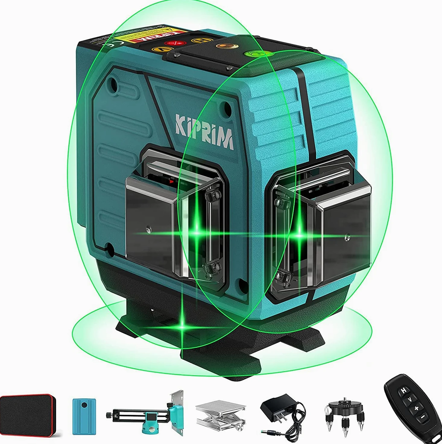 Kiprim Poziomica Laserowa Zielona 3x360° 12 Linii 40M Samopoziomujący Laser Krzyżowy Z 3 Trybami Magnetycznego Montażu ściennego 360° Obrotowa Podstawa Zdalne Sterowanie LV3D Platforma Podnosząca