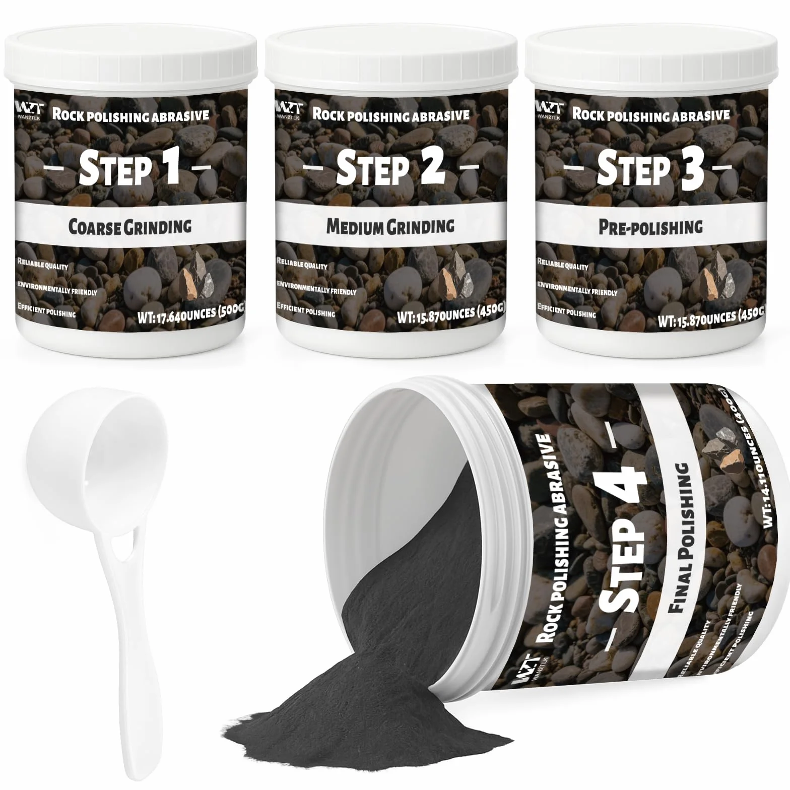 Rock Tumbler Grit and Polish Refill Kit 2 kg – do każdej marki Rock Polish, 4 x podstawka do lalek (gruboziarniste/średnie / wstępnie wypolerowane/polerowane)