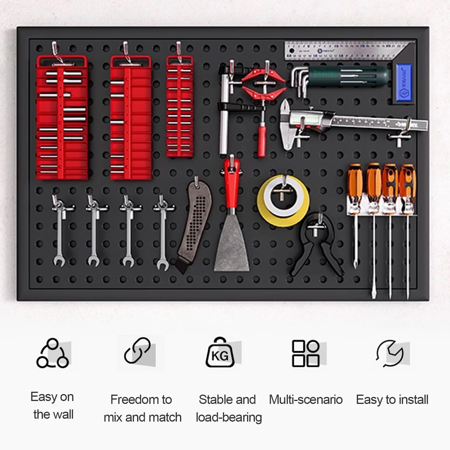Tablica ścienna z narzędziami, czarna metalowa tablica wisząca na biurko biurkowe, pegboard i akcesoria, stojak do przechowywania na ścianie, odpowiedni do domu, biura, akademika, biurka do gier (100