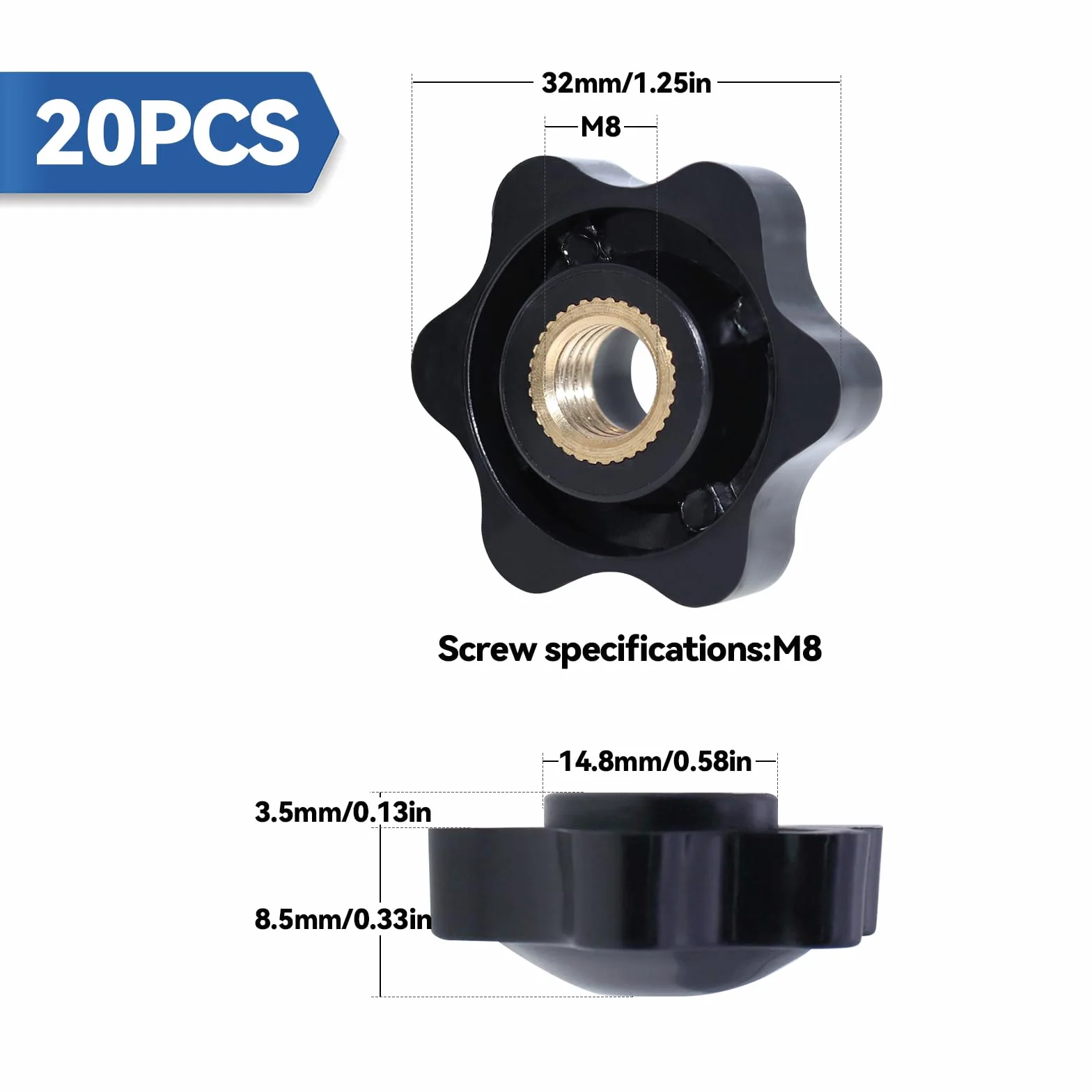 20 SZTUK Star Grip Nut M8 × 32 mm nakrętka radełkowana plastikowa nakrętka mosiężna gwint żeński gwiazda śruba czarny przycisk dokręcania do urządzeń mechanicznych obrabiarek