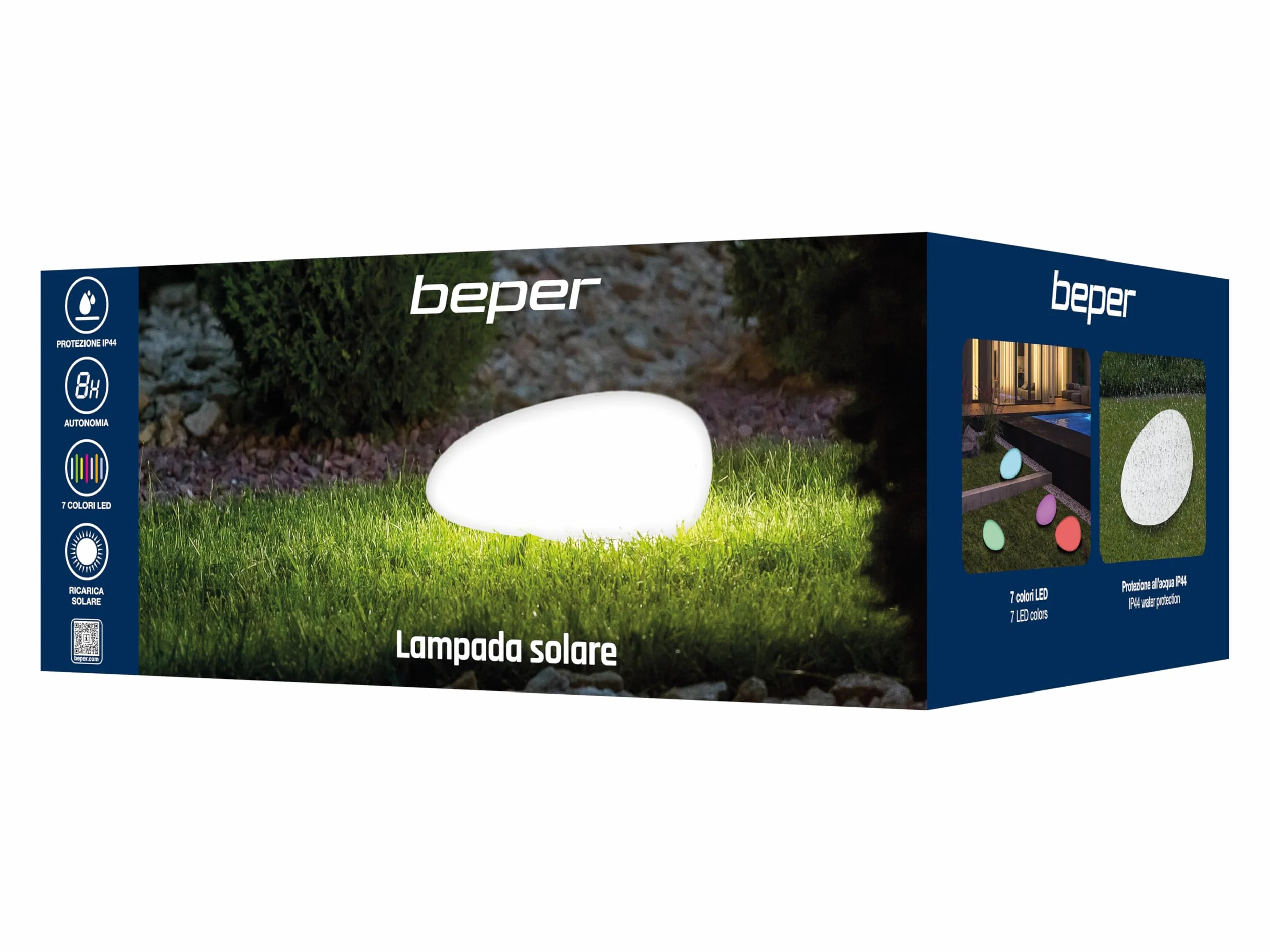 BEPER P207ILO241 Lampa ogrodowa LED RGB zasilana energią słoneczną – automatyczna lampa solarna do użytku zewnętrznego IP44, dekoracyjna lampa w kształcie kamienia lub kuli.