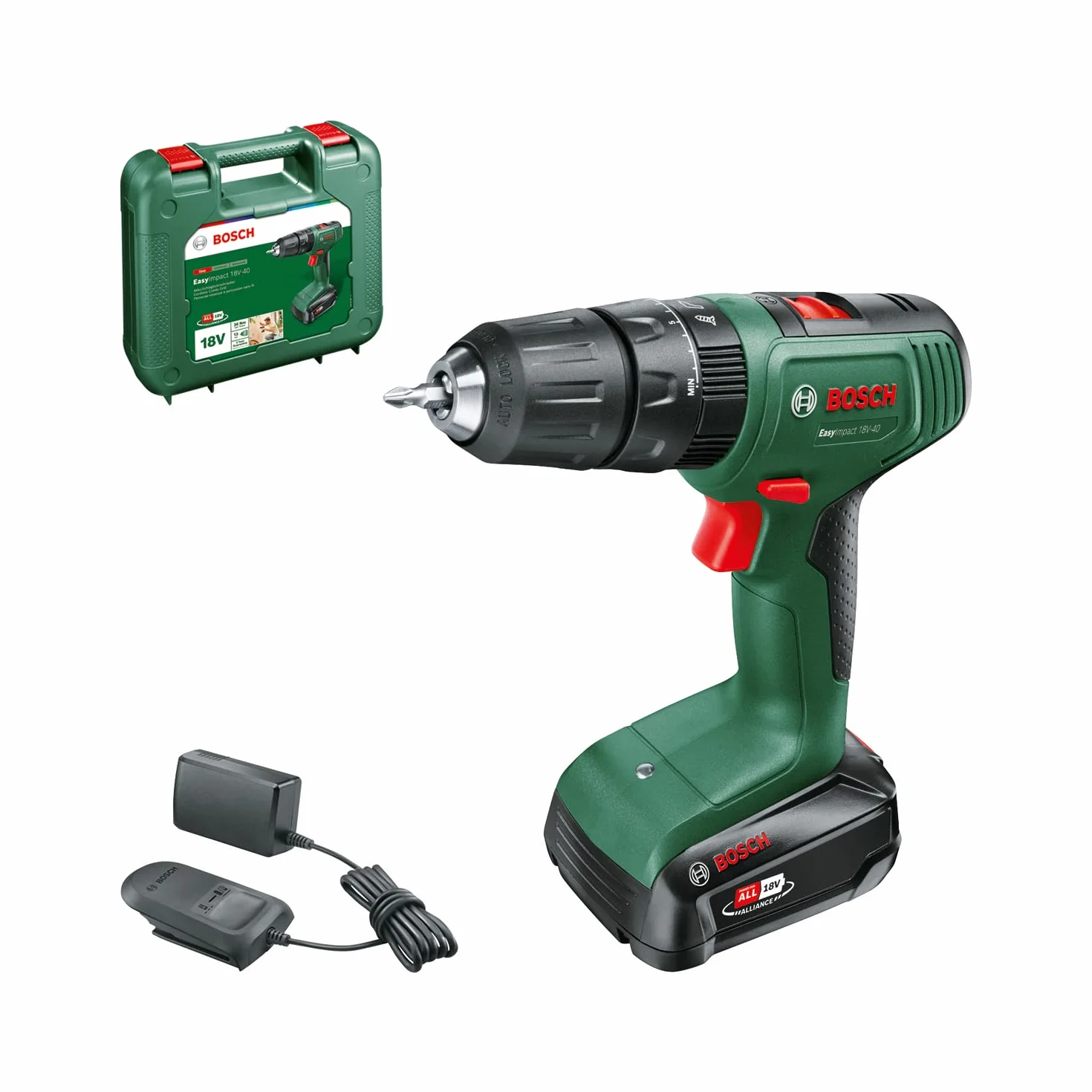Bosch Home and Garden Akumulatorowa Wiertarka Udarowa Bosch EasyImpact 18V-40, 1 Akumulator 2 Ah, System 18V, Walizka