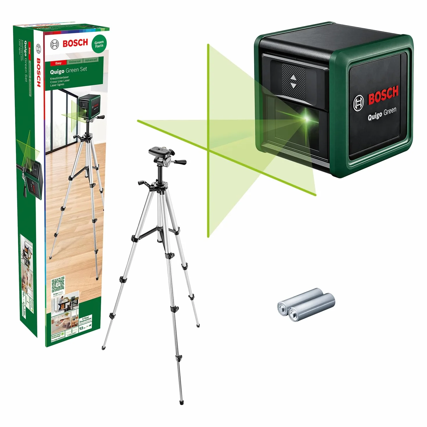 Bosch Laser Krzyżowy Quigo Green ze Statywem Zielona Wiązka Lasera Precyzyjne Wyrównywanie