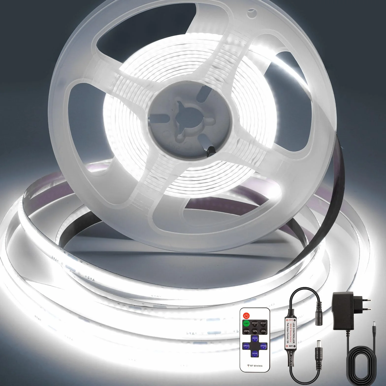 Taśma LED COB 3 m, 6500K zimna biel ściemnialna, 320 diod/metr, z zasilaczem 24V i pilotem, samoprzylepna taśma świetlna o szerokości 8 mm do kuchni, podświetlenia LED TV, lustra, sypialni