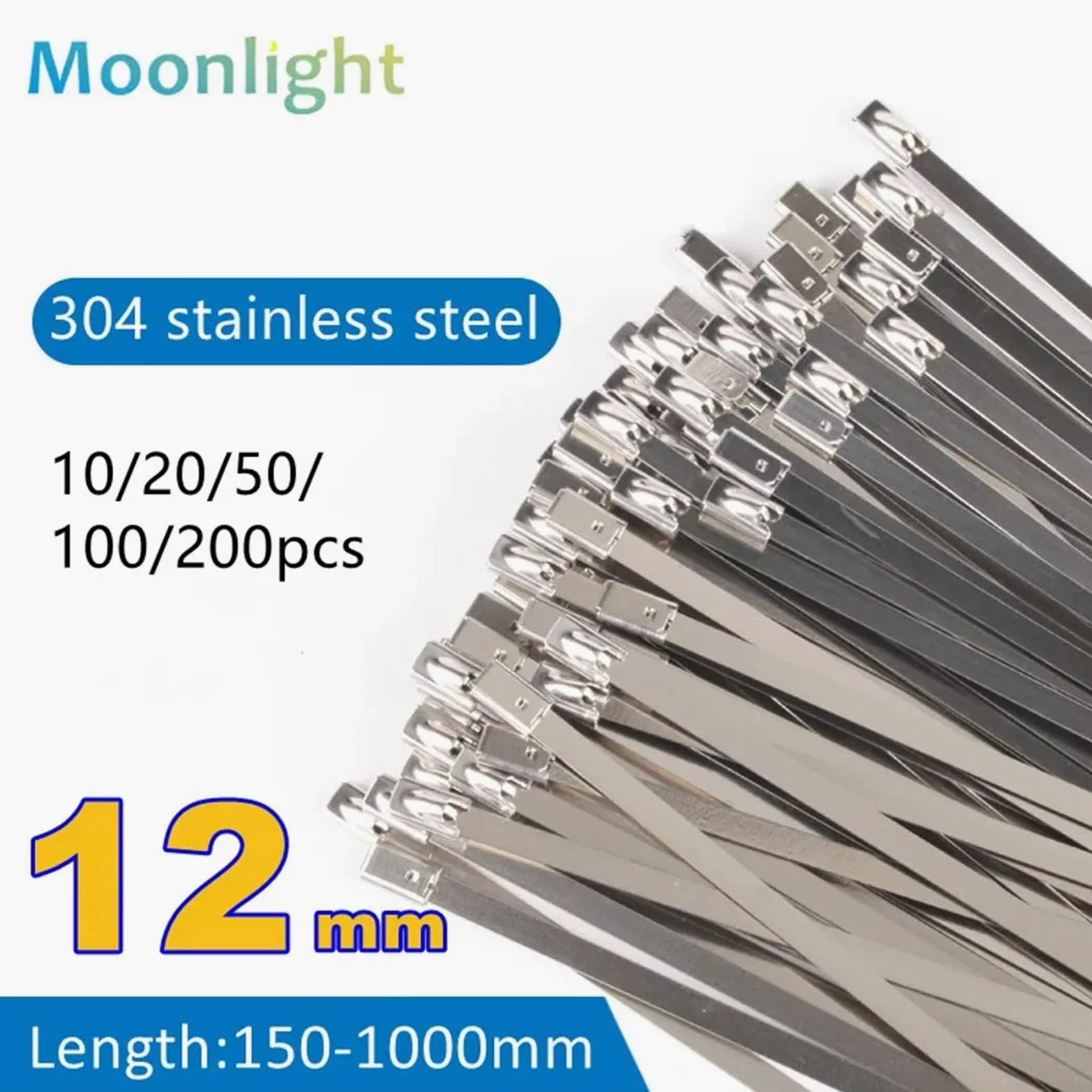 Metalowe opaski zaciskowe Opaski zaciskowe wykrywalne ze stali nierdzewnej 304, opakowanie 10-200 szt., 12 x 100-1000 mm(50pcs,12x1000mm)