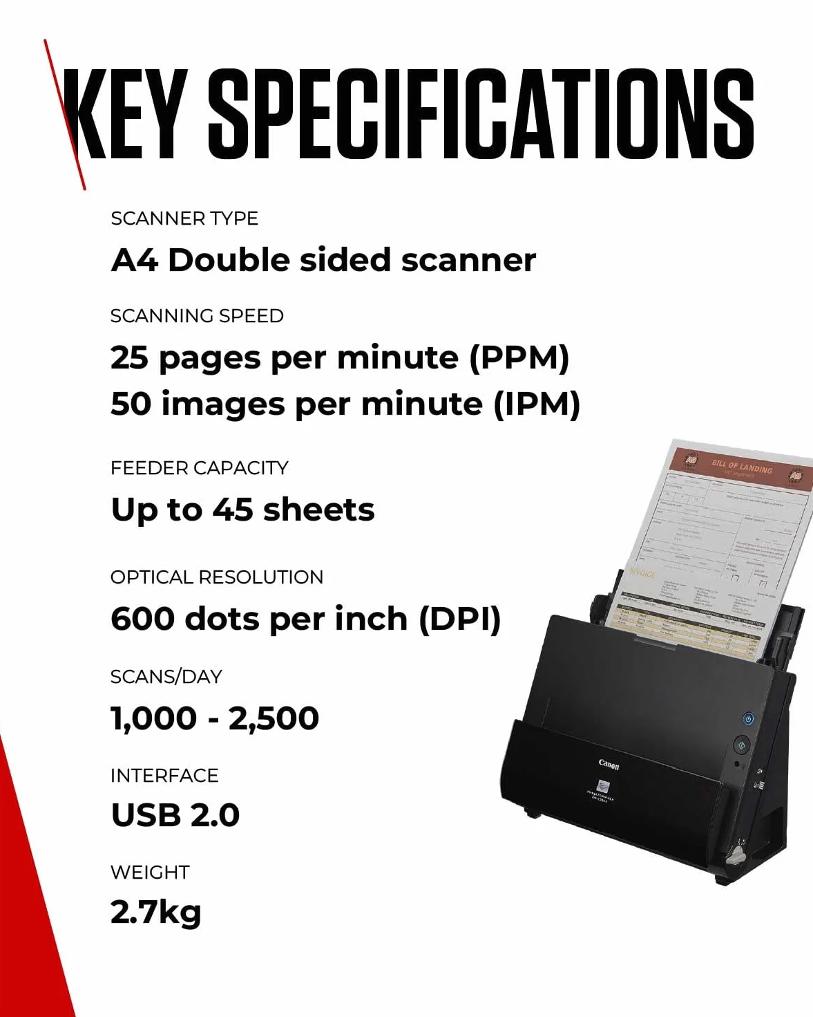 Canon imageFORMULA DR-C225 II skaner dokumentów duplex podajnik kolor 600 dpi 25 stron/min PDF OCR kompaktowy czarny