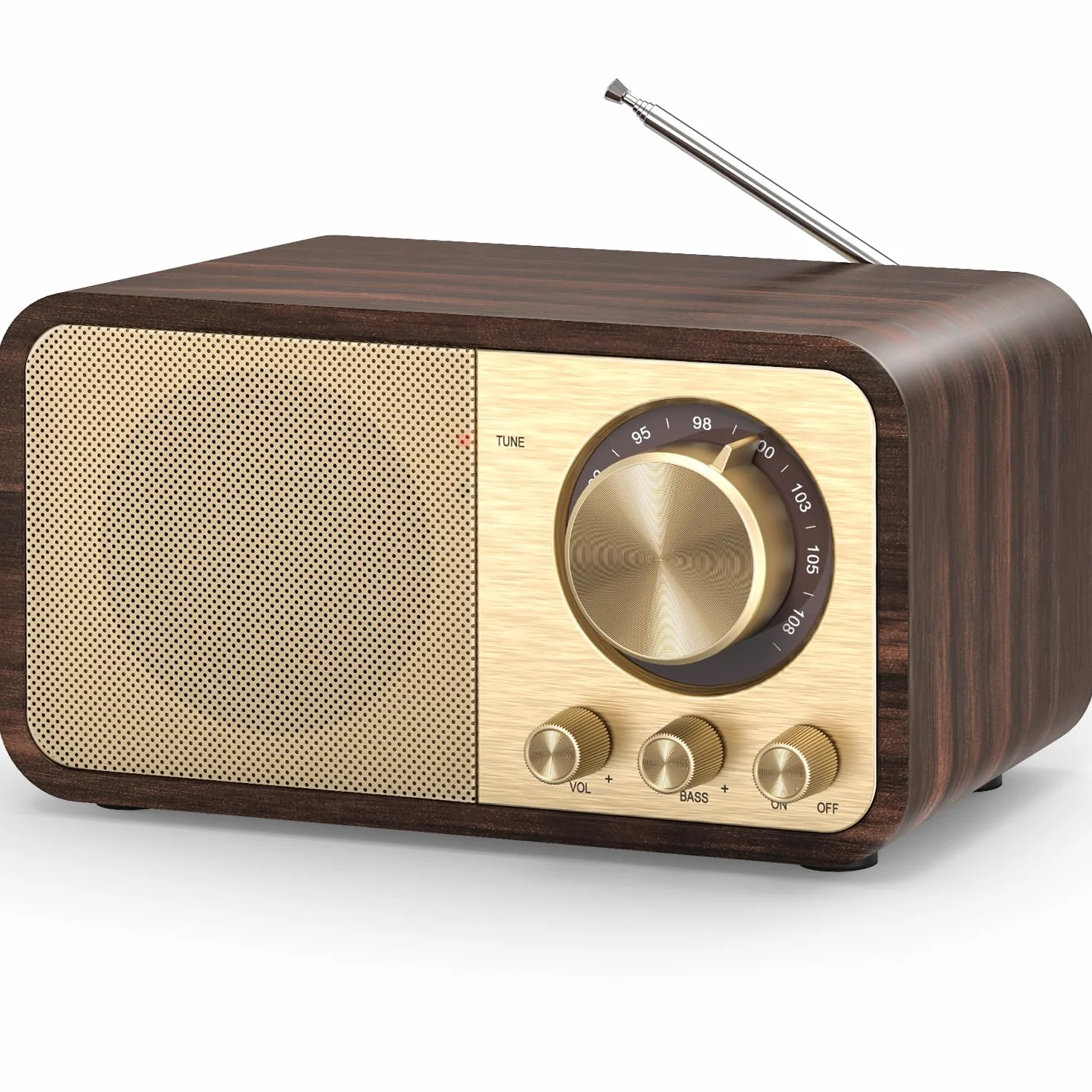 Tendak Radio FM retro Bluetooth z głośnikiem 5 W, akumulator 2000 mAh, karta TF, odtwarzacz MP3 USB, obsługa trybu AUX/bas