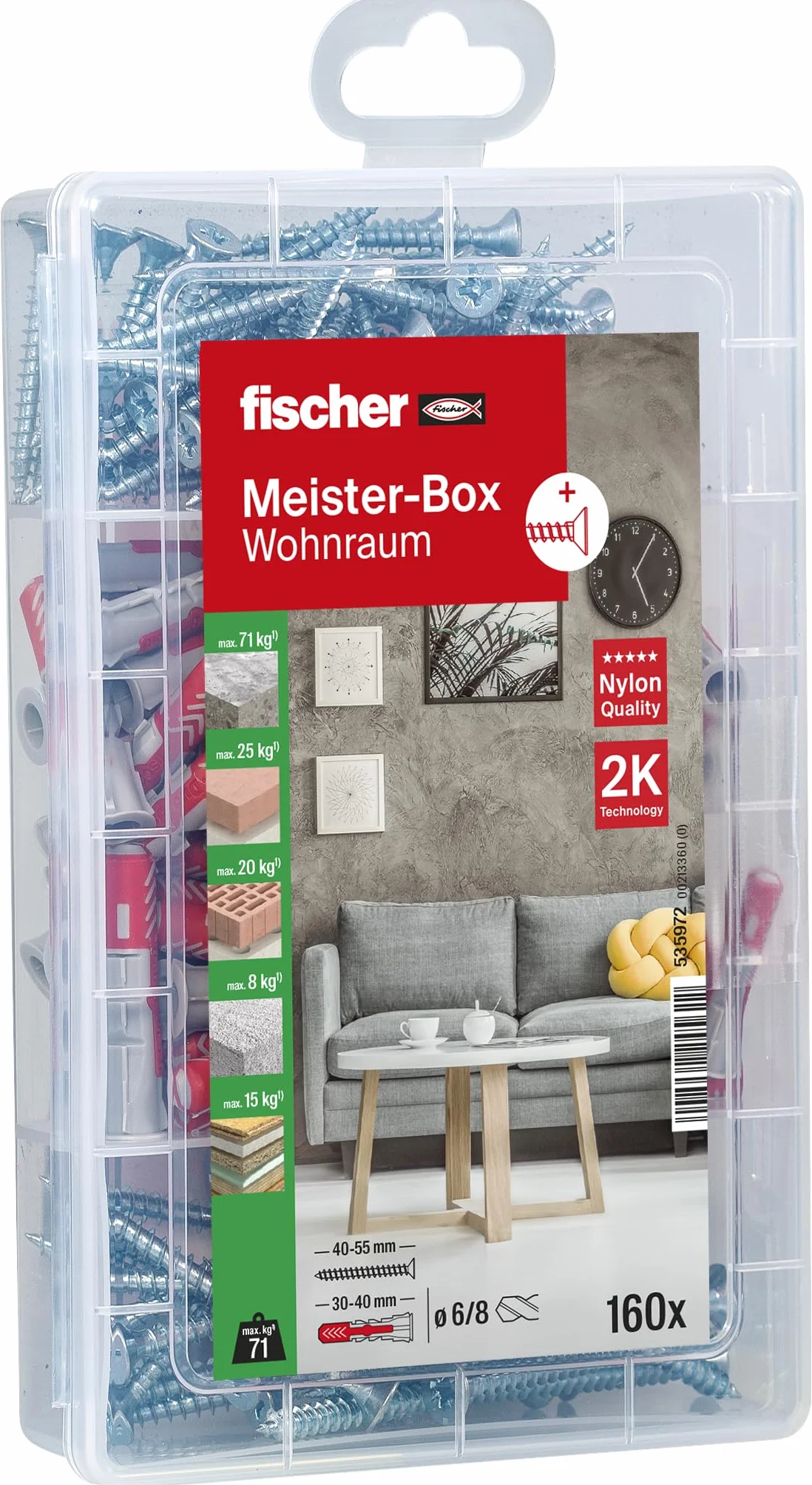 fischer MEISTER-BOX DUOPOWER + śruba, skrzynka narzędziowa z 160 kołkami i śrubami, uniwersalne kołki, praktyczny Zestaw, skrzynka na kołki Dla majsterkowiczów i profesjonalistów