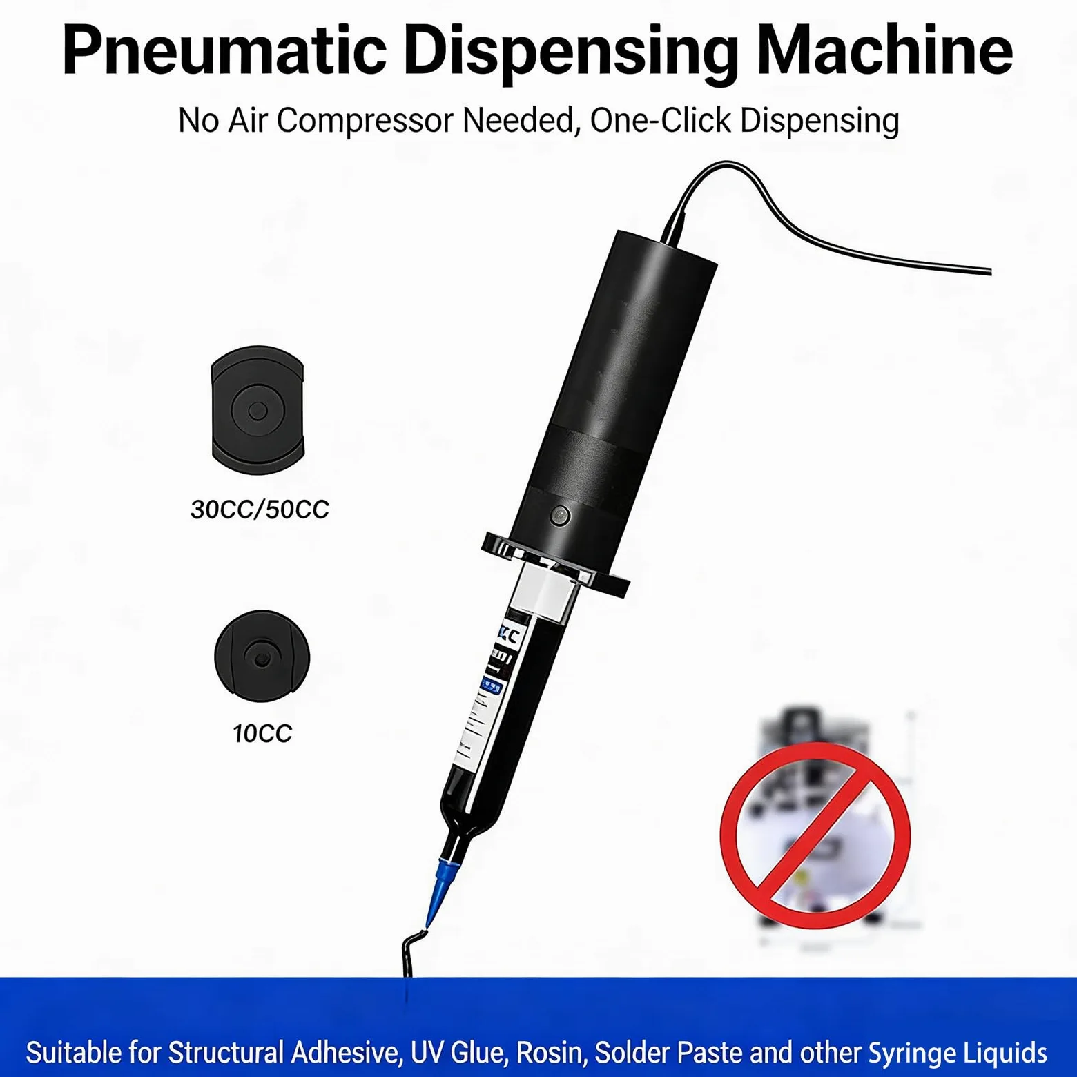 Pneumatyczny dozownik kleju, elektryczny pistolet do klejenia do kleju UV i oleju lutowniczego, dozowanie jednym przyciskiem, kompatybilny z wtryskiwaczami 10 cm³, 30 cm³ i 50 cm³
