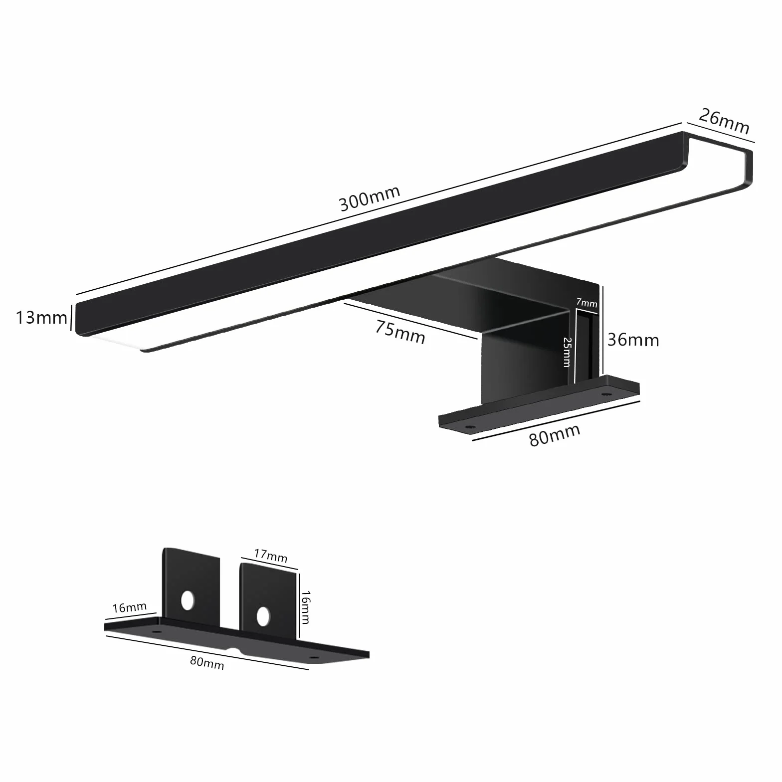 ERWEY Lampa Łazienkowa LED 2 w 1, IP44, Do Lustra, Czarna, Zimna Biel, Oświetlenie Toaletki, 230 V, Szafka, Lustro Do Zabudowy, Zaciskowa (30 cm, 6000 K, 5 W)