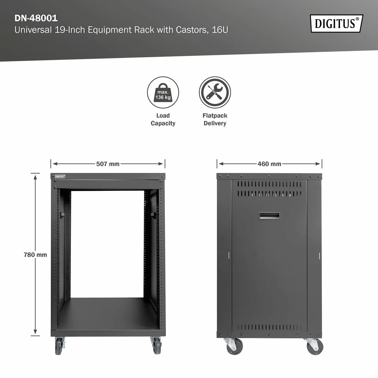 DIGITUS DN-48001 - Szafa rack audio - 19 cali - 16U - Uniwersalna szafa rack - Na akcesoria audio-video - Niezmontowana - Maks. obciążenie 136 kg - Z kółkami - Czarny