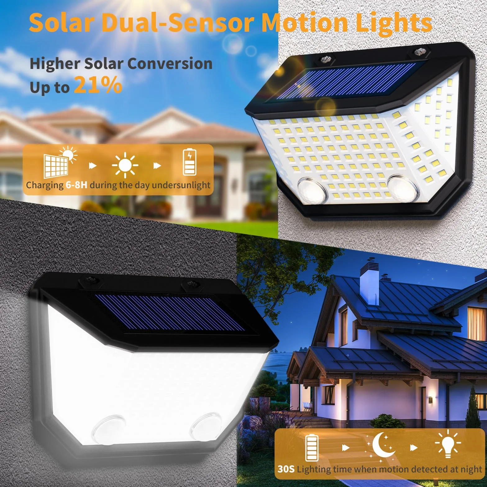 K KASONIC Solarne lampy ogrodzeniowe z dwoma czujnikami, wodoodporne lampy ruchowe 6500 K o szerokim kącie oświetlenia 300°, do ogrodu, 4 sztuki, zewnętrzne oświetlenie ścienne do domu