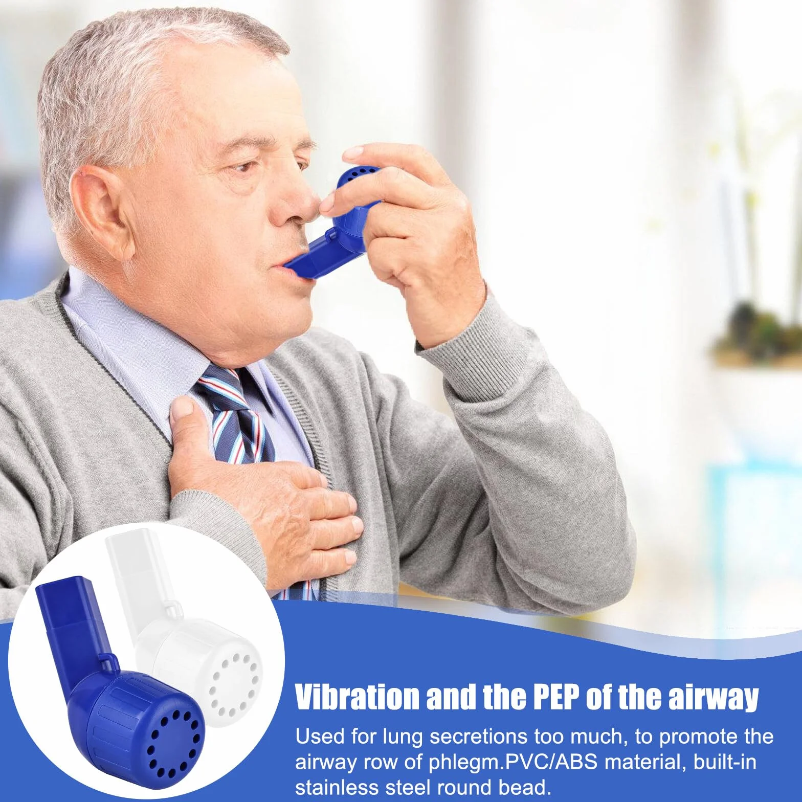Air Physio oryginalny przyrząd do oddychania, trener płuc, z 3 stalowymi kulkami, urządzenie do usuwania śluzu, dla pacjentów z chorobami układu oddechowego wytwarzającymi śluz (biały + niebieski)