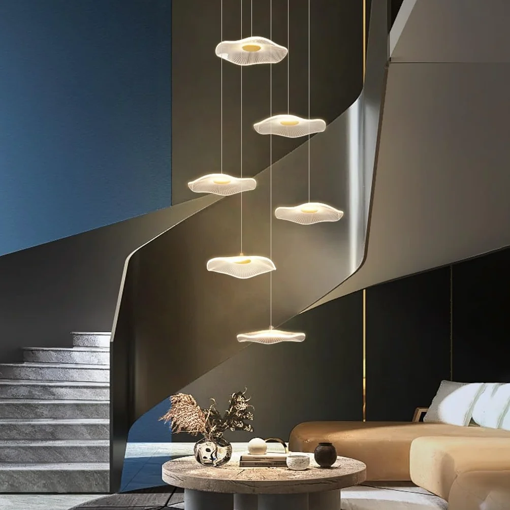 LED Nowoczesna plafonierka Lampka stołowa Lotos Liść Żyrandol Akrylowy Abażur Może Inteligentna Kontrola Złote Oświetlenie schodów Wysokość regulowana Korytarz salon kuchnia światło(6 heads)