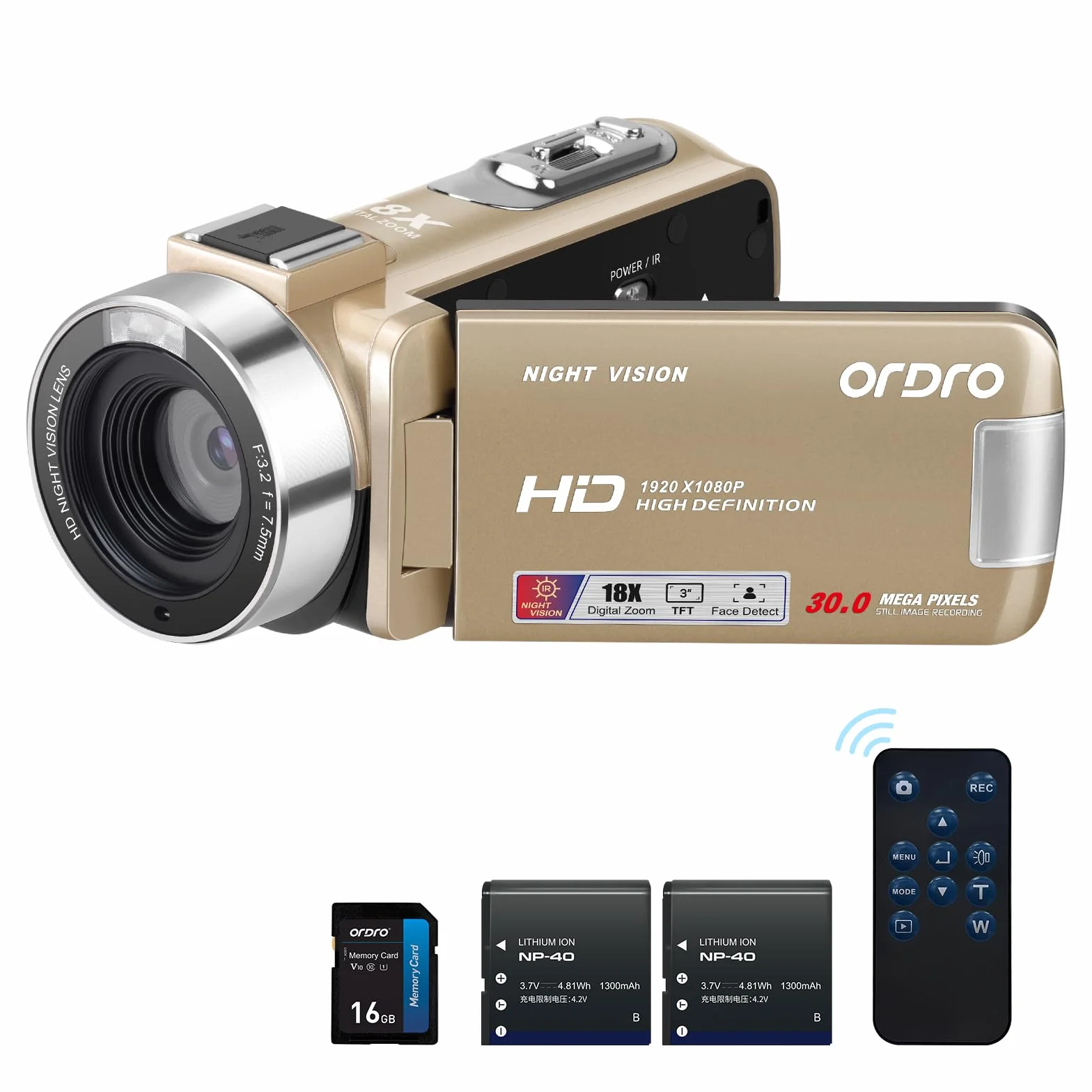 Kamera ORDRO B320 1080P 16GB 18-krotny zoom cyfrowy noktowizor obracany ekran 270° 30MP 2 baterie