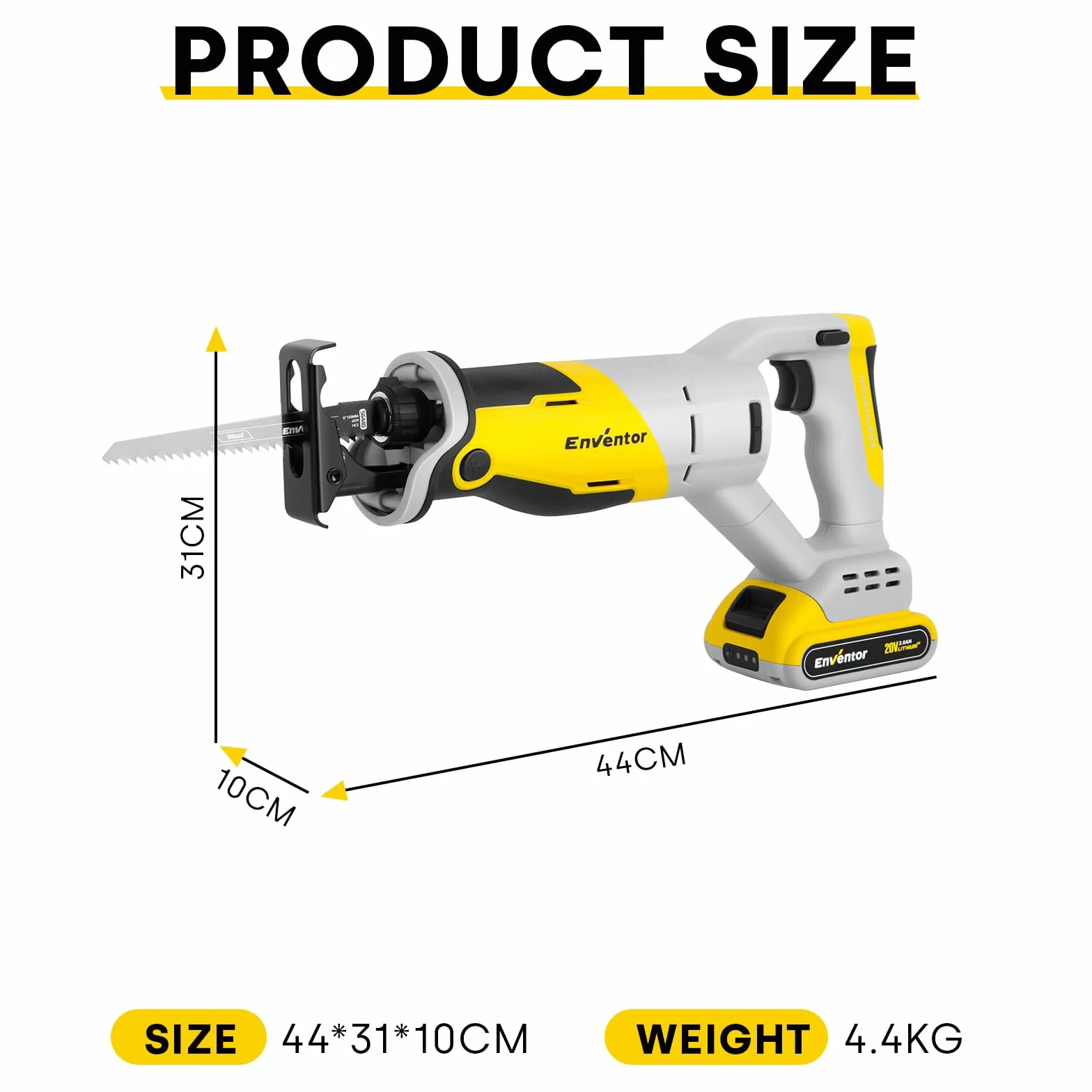 ENVENTOR 20V Bezszczotkowa Piła Szablasta, 2 x 2.0 Ah, 0-3000 RPM, 5 Brzeszczotów