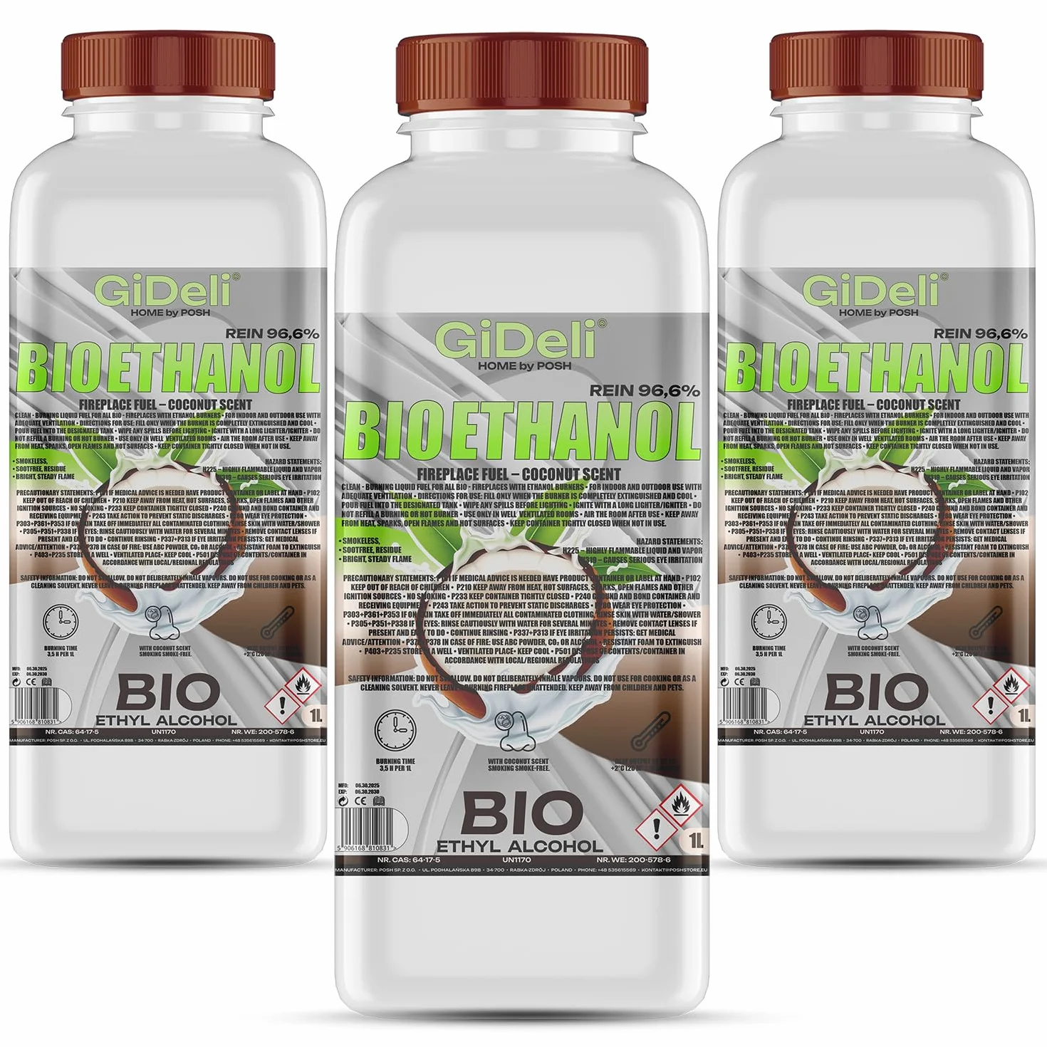 GiDeli bioetanol 3 x 1 l zapach kokosowy 96,6% etanol do kominków wewnętrznych i zewnętrznych bez dymu i sadzy – z kukurydzy i buraków cukrowych