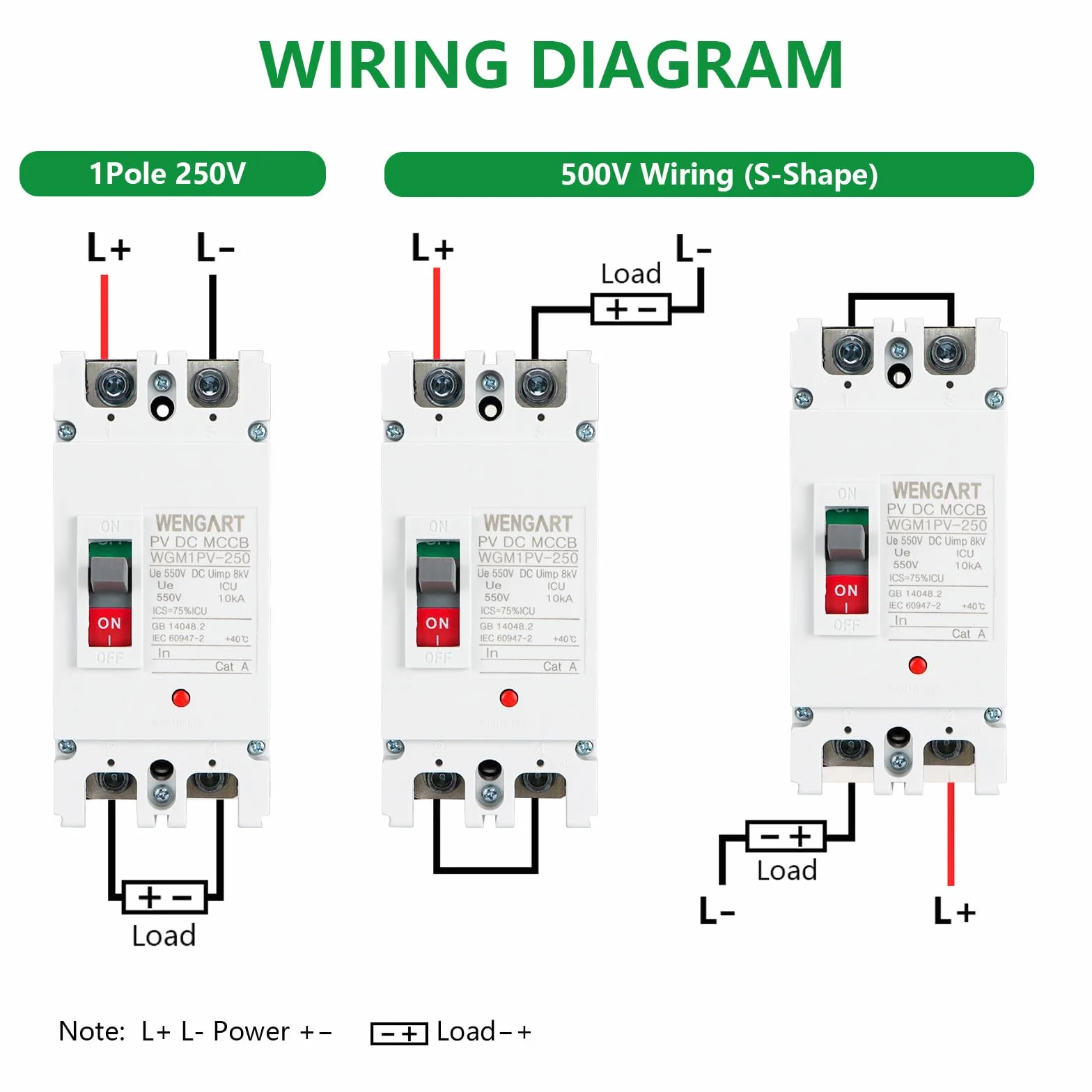 Wengart MCCB WGM1PV-250, DC550V 2P 150A solarny wyłącznik DC, poprawa bezpieczeństwa systemów fotowoltaicznych