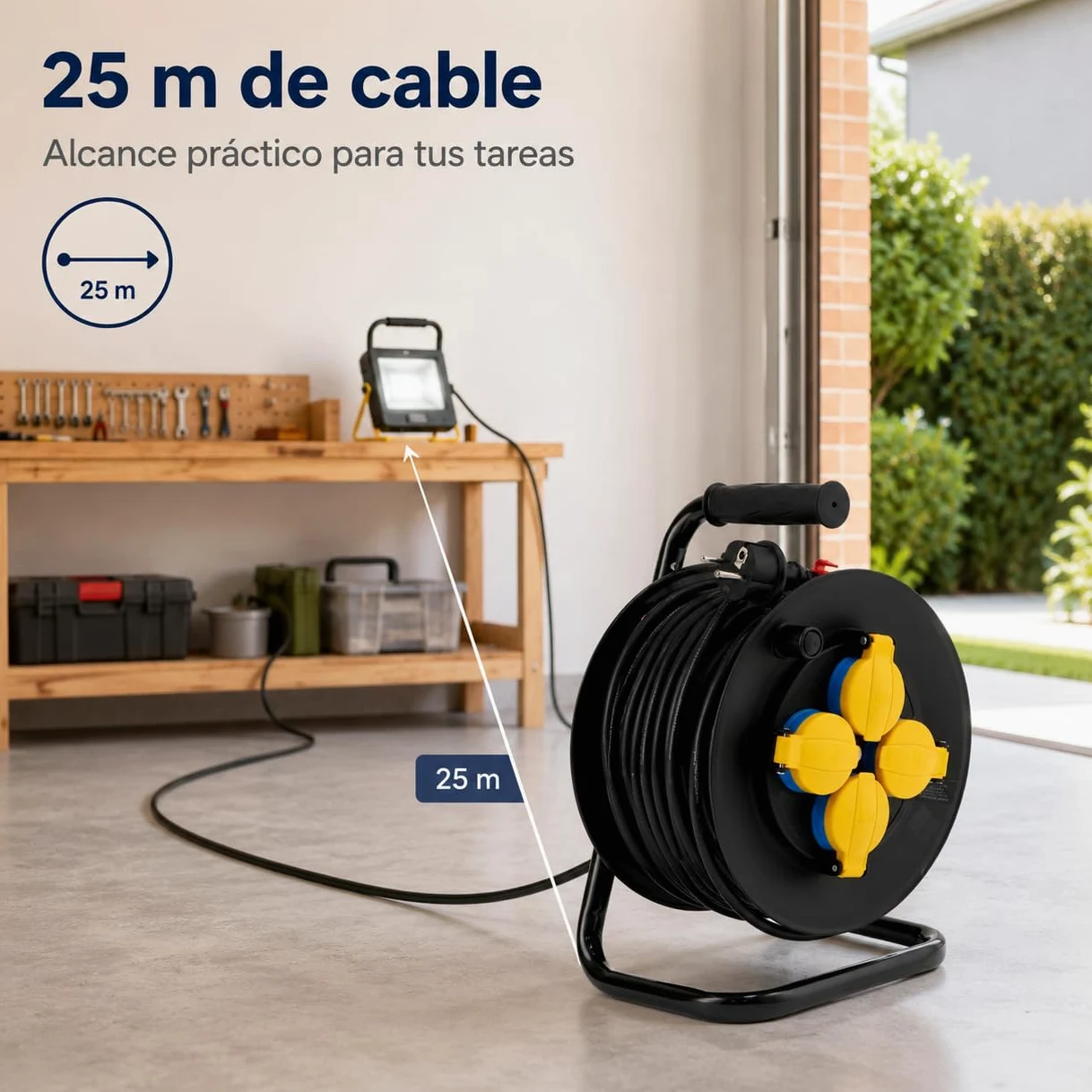 M mimotec - Zewnętrzny zwijacz kabla 25 m IP44 4 gniazda 3200W 16A | Kabel H05RR-F 3G1,5 mm² | Ochrona przed dziećmi | Idealny do ogrodu, na plac budowy i warsztatu