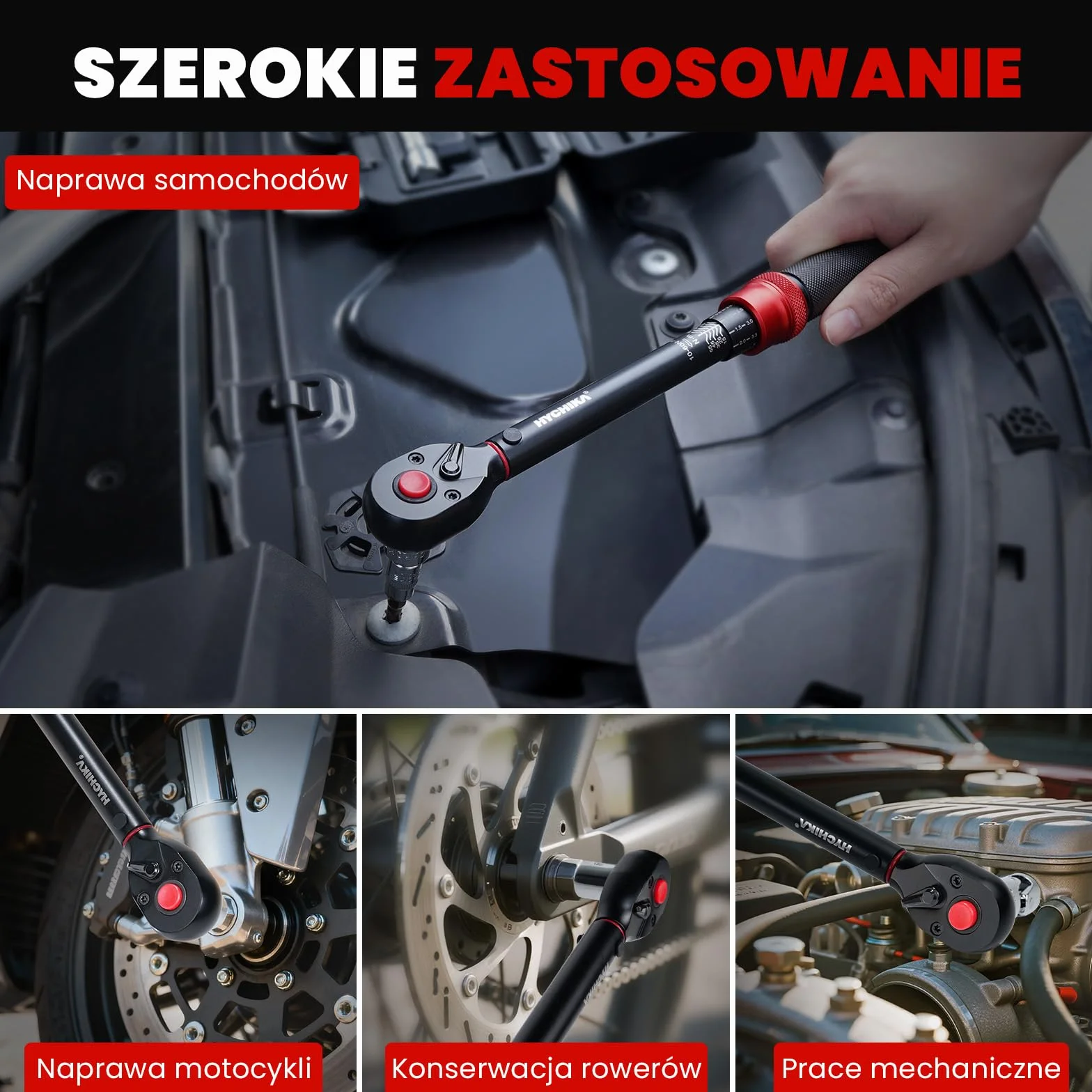 HYCHIKA klucz dynamometryczny 3/8", 10-60 Nm, dokładność ± 2%, 72 zęby, zestaw kluczy dynamometrycznych do samochodu, motocykla, roweru, adaptera 3/8 na 1/4, przegub kardanowy, drążek przedłużający 75