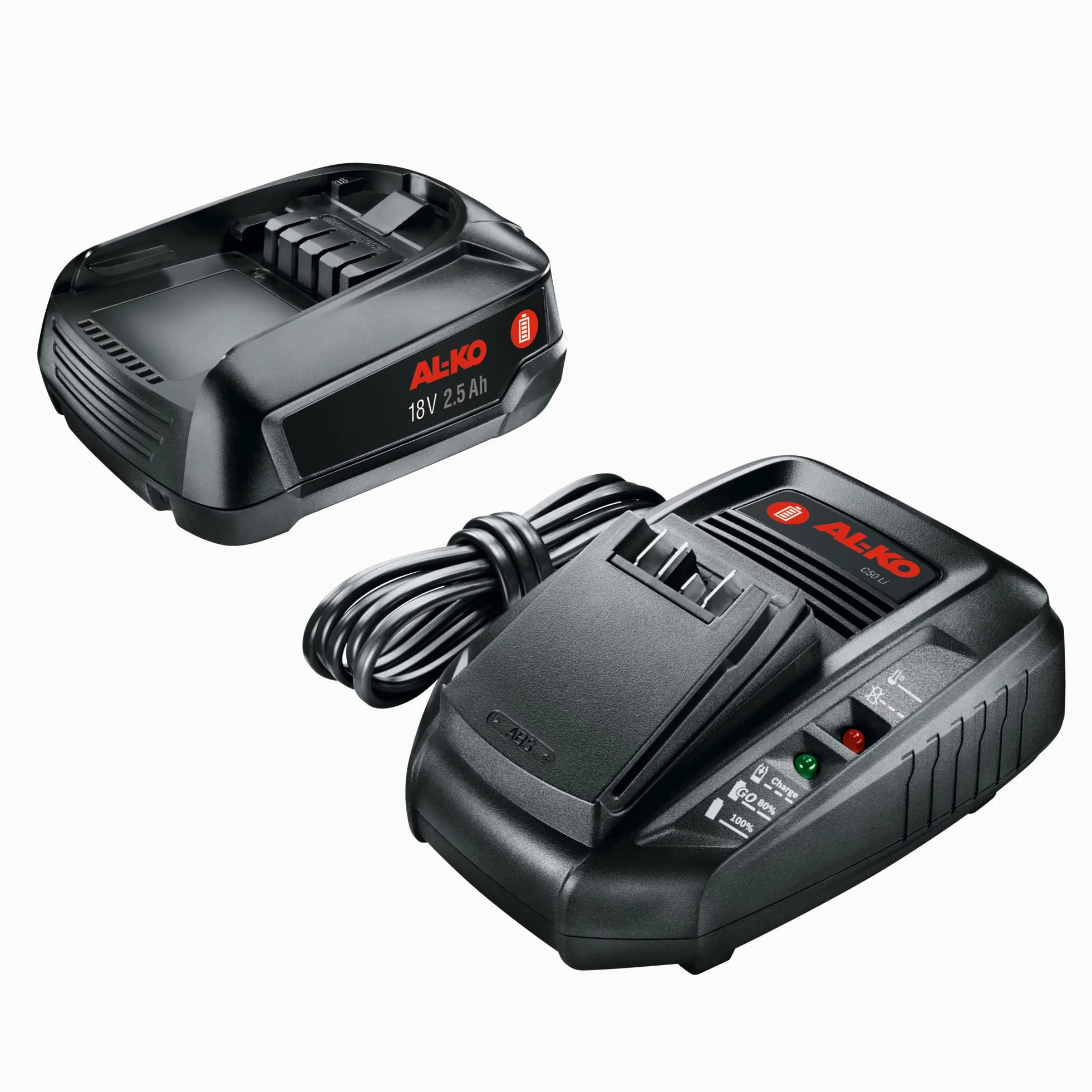 AL-KO Zestaw akumulatorów 18 V Bosch Home and Garden Compatible, w zestawie: 1 x akumulator litowo-jonowy B50 Li (18 V / 2,5 Ah) i 1 x ładowarka C50 Li