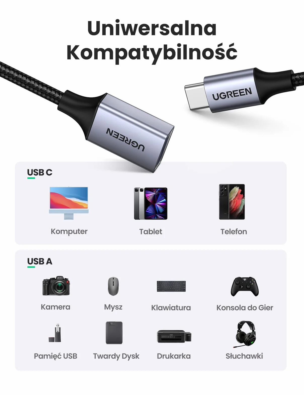 UGREEN USB 3.0 OTG Adapter USB C na USB A Kabel Jasnoszary