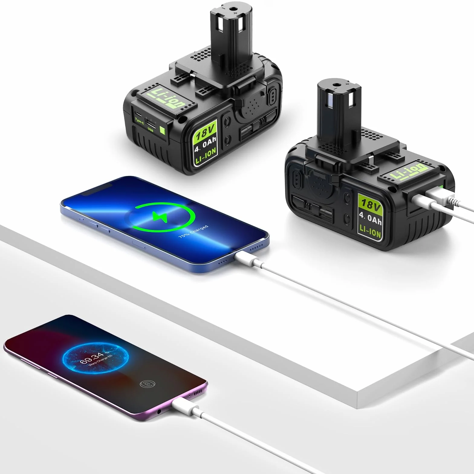 2 x akumulator do Ryobi 18 V 5,0 Ah z portem USB, kompatybilny z systemem One+(P108/P102/P103/P104/P105/P107/P109) i narzędziami bezprzewodowymi Ryobi 18 V