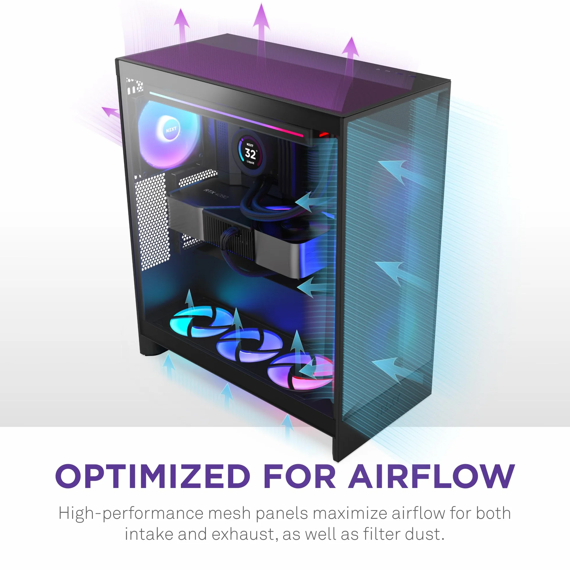 NZXT H7 Flow | Obudowa ATX Mid-Tower z przepływem powietrza | Obsługuje 3 wentylatory 120 mm na dole do bezpośredniego chłodzenia GPU | Zawiera 3 wentylatory 120 mm z przodu | Czarny