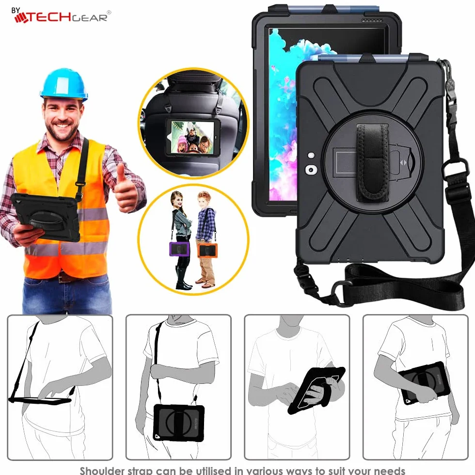 TECHGEAR X-Case pasuje do Microsoft Surface Go 4 / Surface Go 3/2 / 1 26.7 cm, wytrzymałe, wytrzymałe etui odporne na wstrząsy, stojak obrotowy 360, pasek na rękę i pasek na ramię - czarne