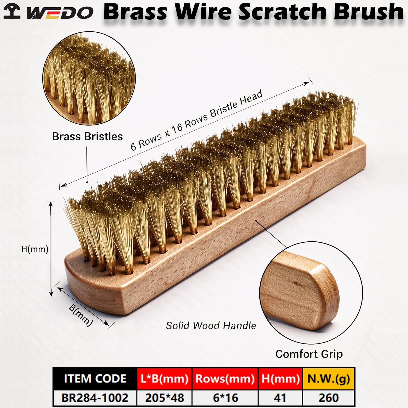 WEDO Szczotka mosiężna, miękka mosiężna szczotka druciana do czyszczenia rdzy metalowej, spawów, wytrzymałych drutów, szczotki do metalu, szczotki druciane z płaskim uchwytem 20 cm