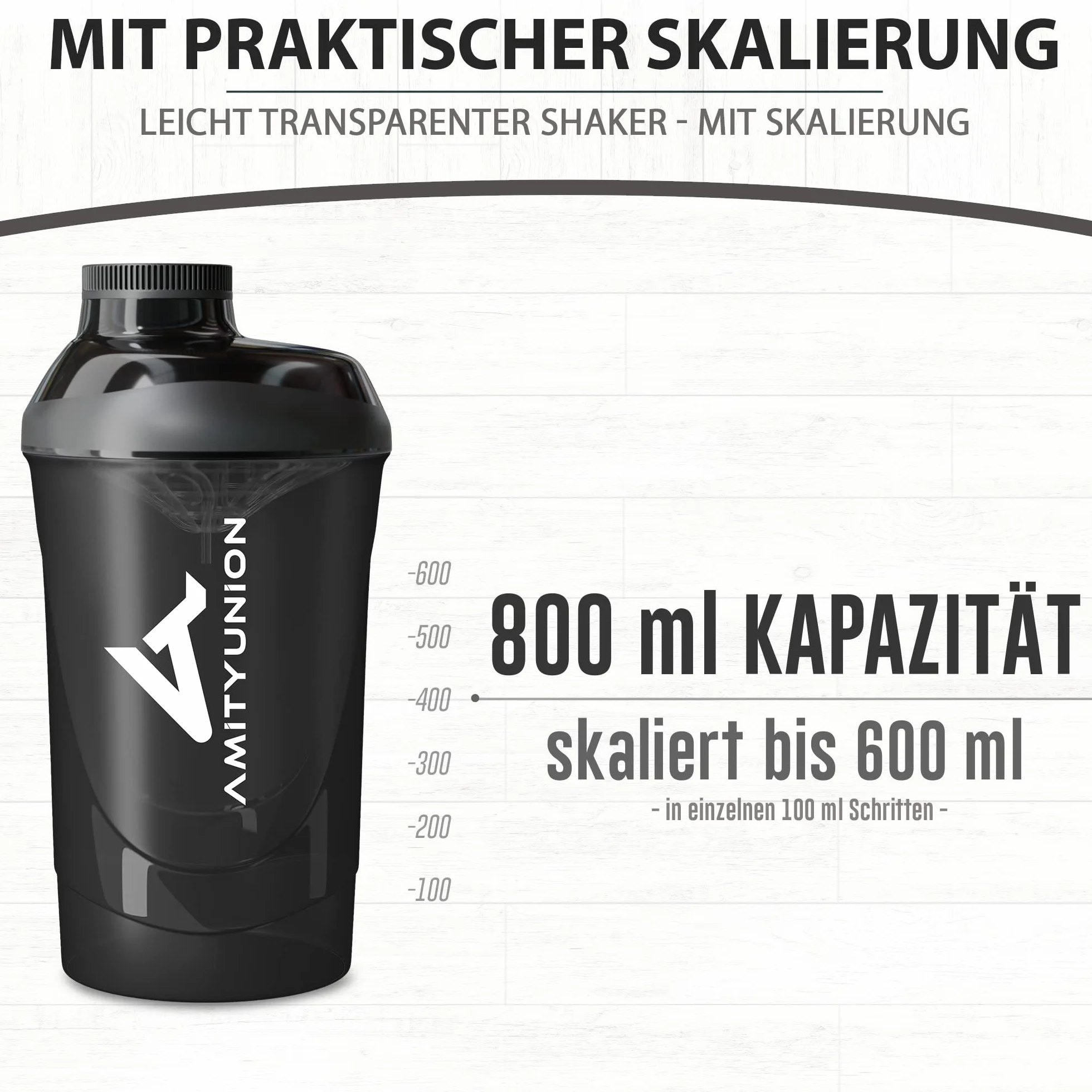 AMITYUNION Protein Shaker 800 ml - Bez BPA z sitkiem i skalą do kremowych shake'ów z białkiem serwatkowym - Kubek fitness na siłownię do izolatów i koncentratów sportowych, (Czarny dym)