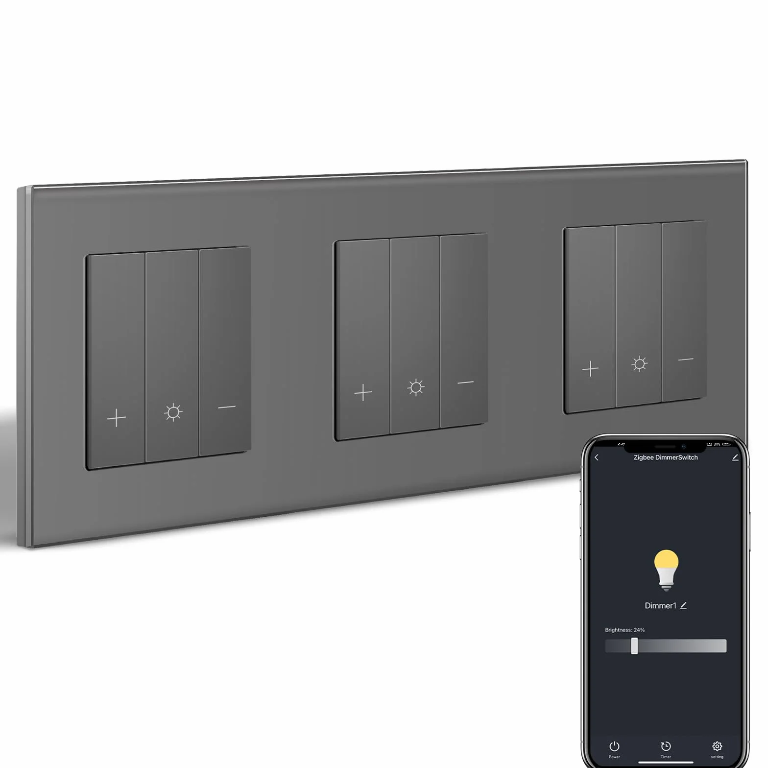 Zigbee Tripel ściemniacz, inteligentny przełącznik ściemniania ze szklaną ramą, kompatybilny z Alexa i Google Home, podtynkowy włącznik światła, możliwość ściemniania, do lamp LED 240 V