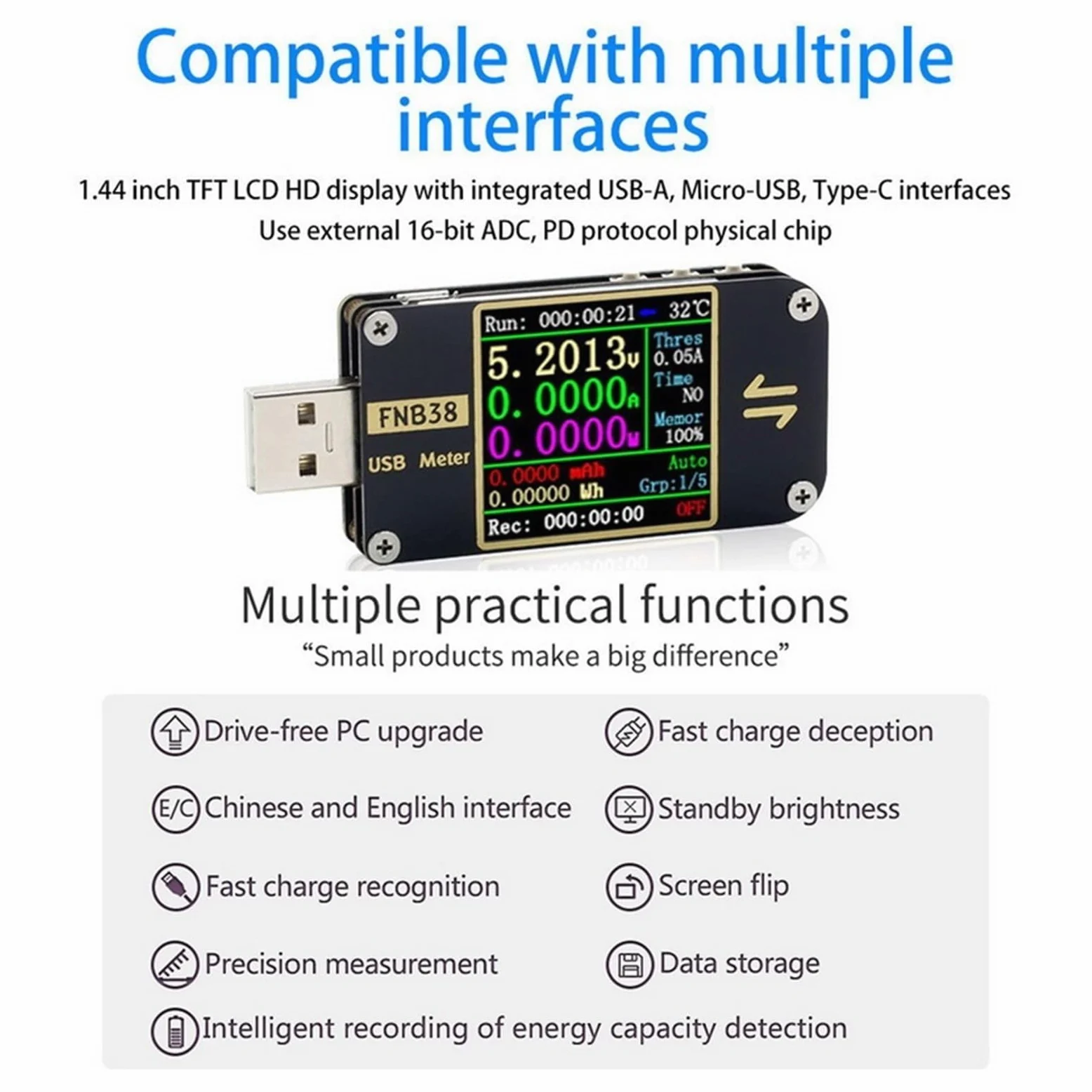 Tester USB FNB38 Tester USB DC woltomierz cyfrowy Amperymetro miernik napięcia prądu Volt Amp amperomierz detektor Power Bank wskaźnik ładowarki(2PCS)