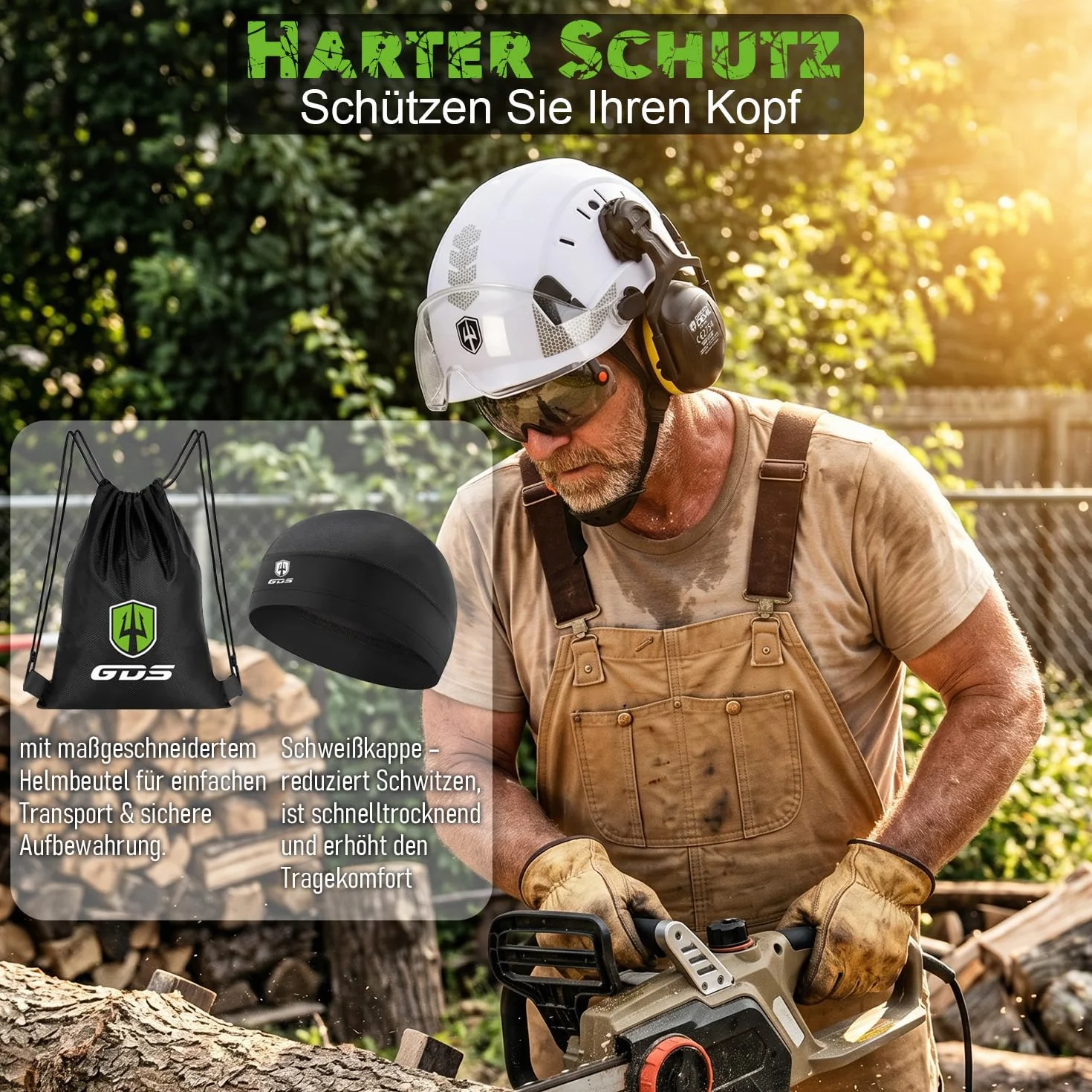 GREEN DEVIL Mervex kask ochronny – kask leśny z podwójnymi okularami ochronnymi EN166 i tłumikiem EN352 SNR32dB, certyfikat EN397, materiał ABS, unisex, do prac ogrodowych, wyrębów drewna i na placu