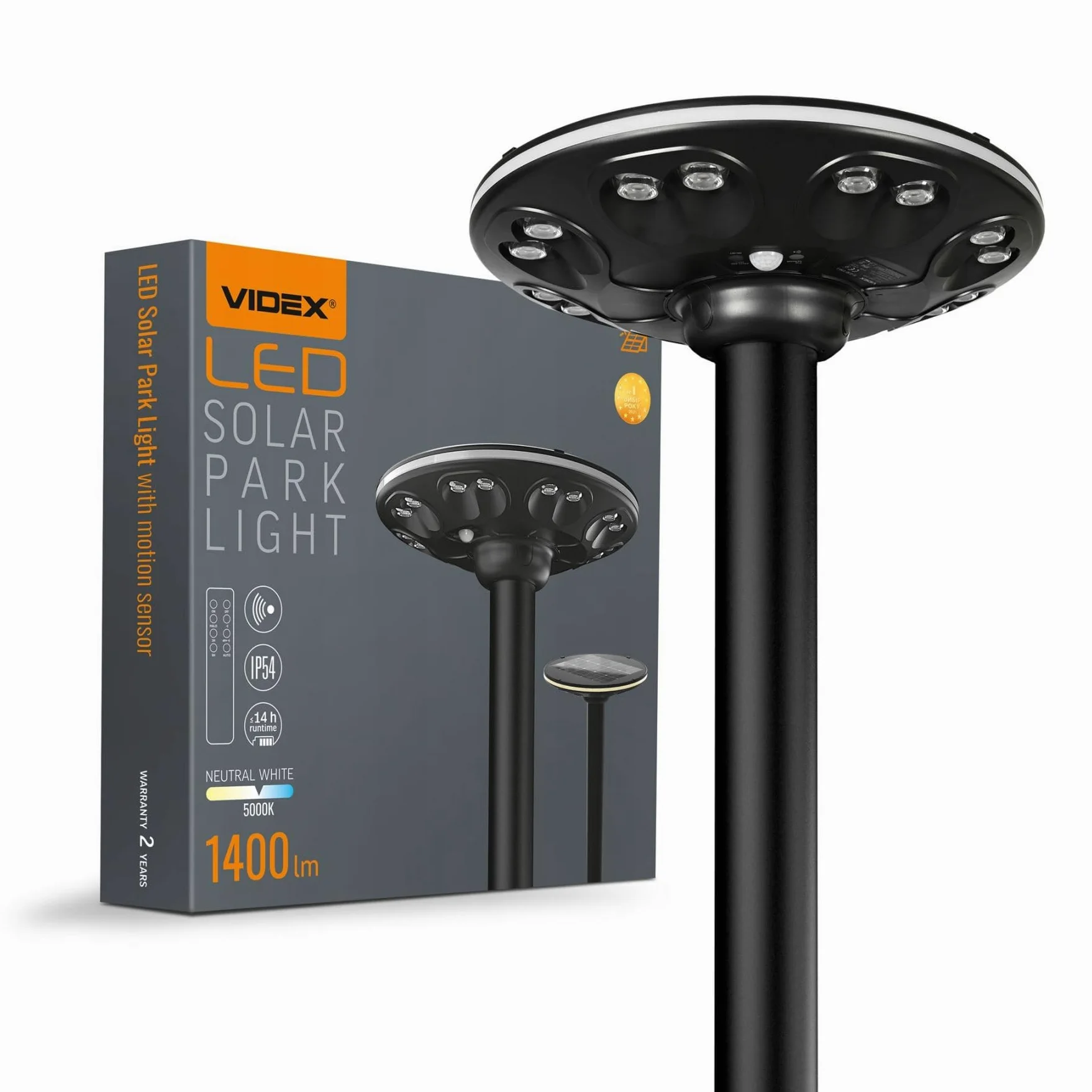Solarna Lampa Uliczna Ogrodowa UFO Okrągła LED Videx 1400lm Czujnik + Pilot