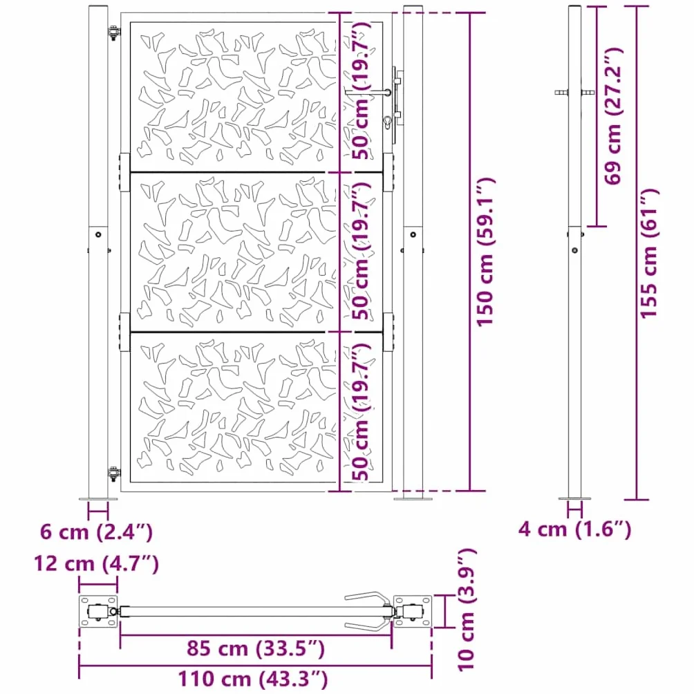 vidaXL Brama ogrodowa czarna 100x150 cm stalowy wzór liścia, brama ogrodzeniowa, brama zewnętrzna, brama metalowa, brama zabezpieczająca
