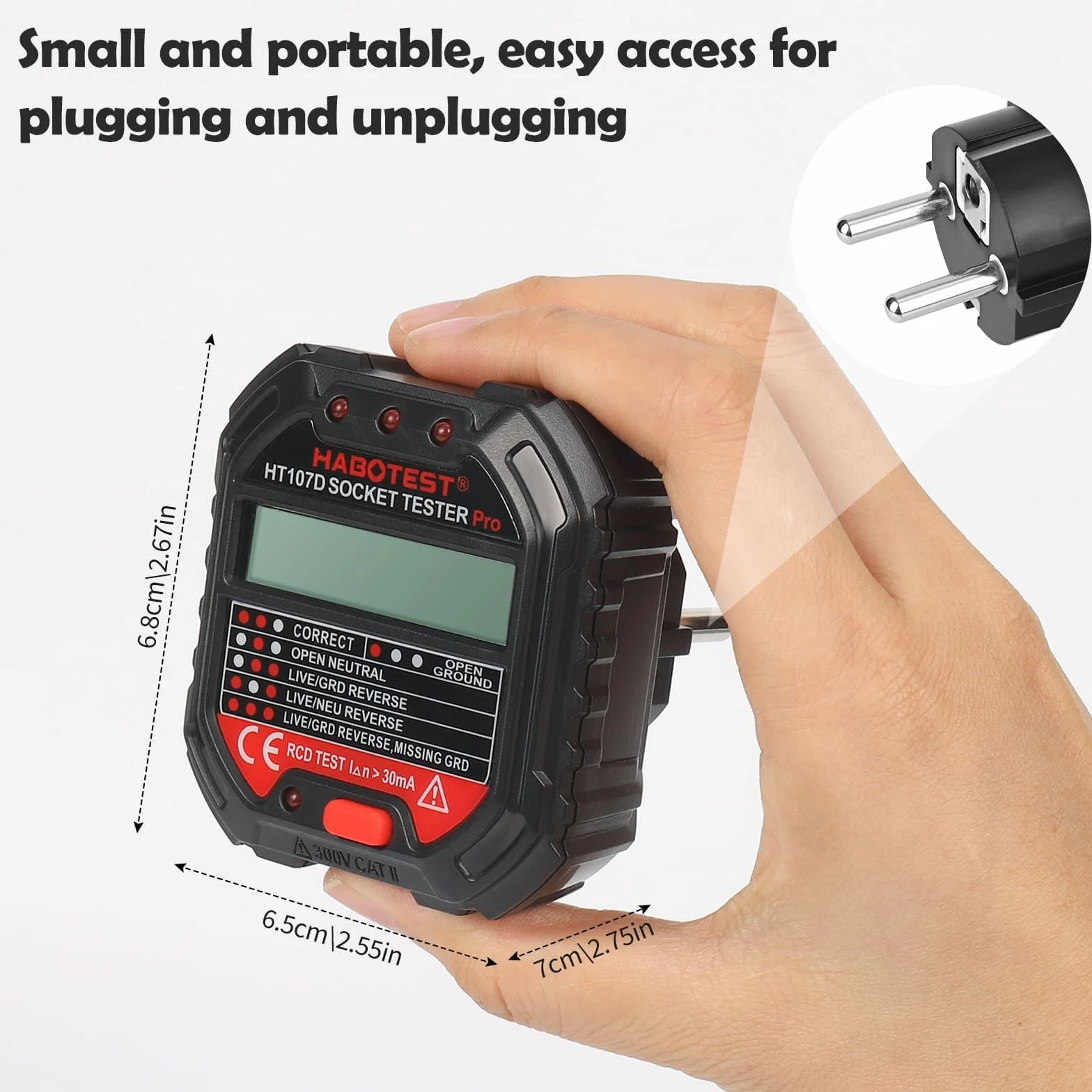 Tester gniazd z kontrolą RCD i wyświetlaczem napięcia LCD, 6 rodzajów diagnostyki błędów, 48-250 V/45-65 Hz