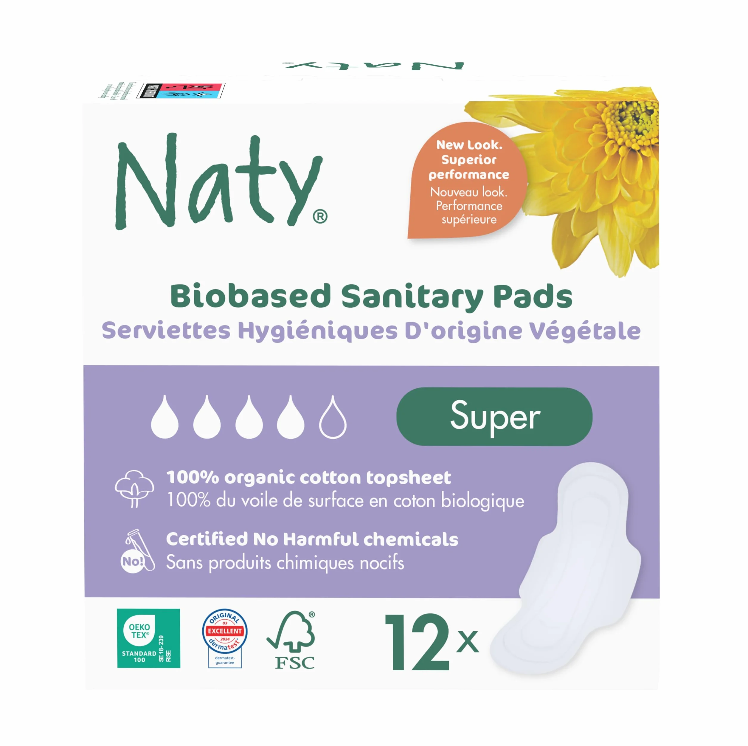 Naty Podpaski Super ze skrzydełkami | 100% certyfikowana organiczna bawełna przy skórze | Certyfikowane bezpieczne dla skóry | Bez perfum, 0% konwencjonalnego plastiku | Ochrona chłonna | 12 sztuk