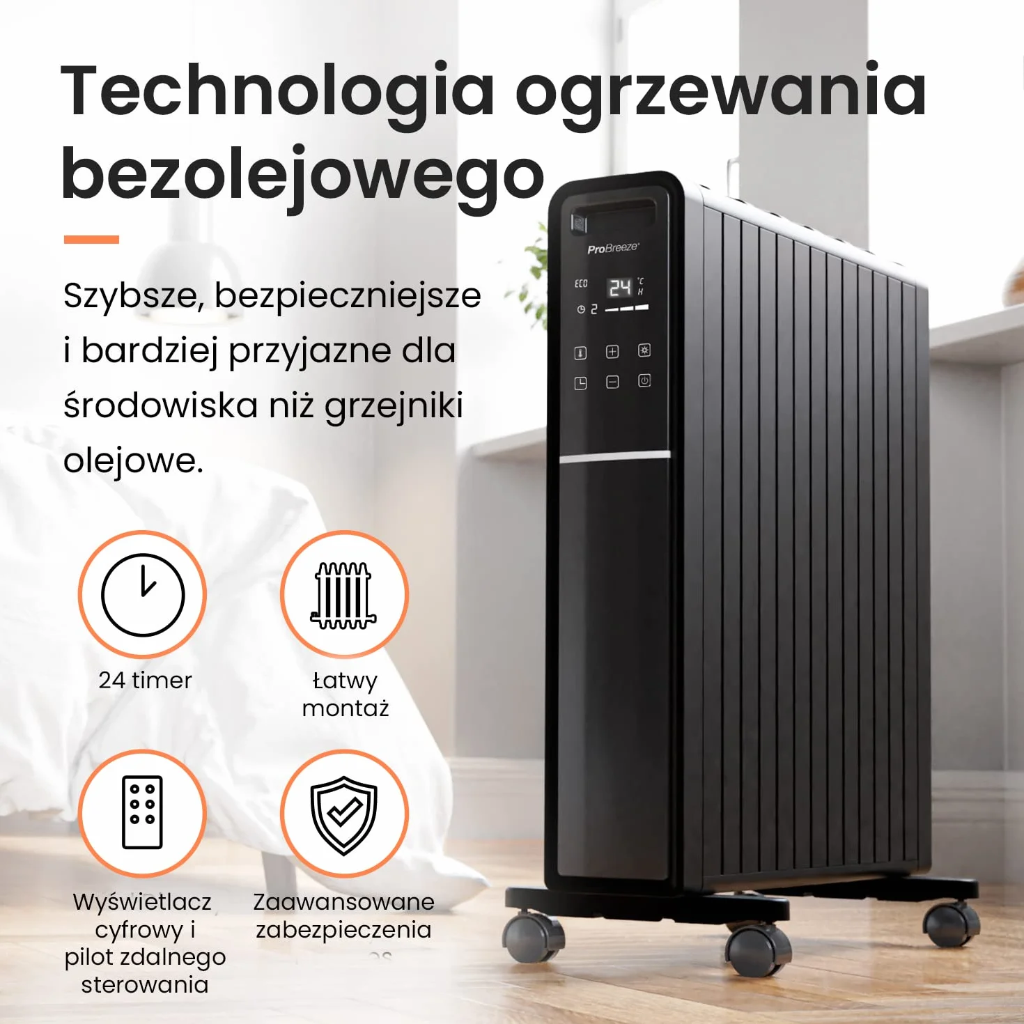 ProBreeze Grzejnik Elektryczny z Termostatem Pilotem Zdalnego Sterowania, Energooszczędny Ekologiczny Bezolejowy, Programator Czasowy, Bezpieczny z Zabezpieczeniem przed Przegrzaniem, 2000W, Czarny