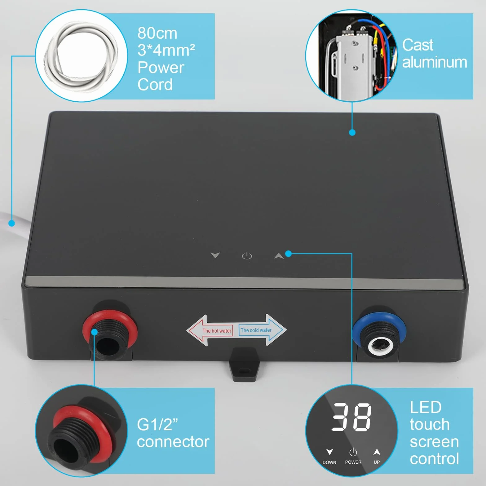 Mini podgrzewacz przepływowy bezzbiornikowy, 5,5 kW podgrzewacz wody do kuchni z cyfrowym panelem LED, elektryczny podgrzewacz wody natychmiastowego podgrzewania do łazienki, kuchni (z dyszą