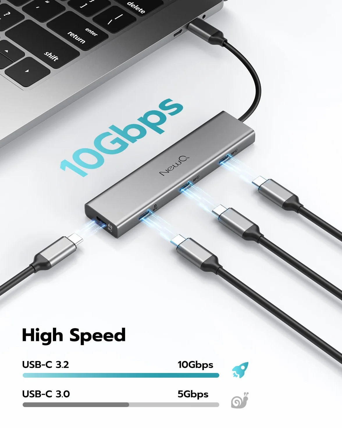 Hub USB C Video Hub NEWQ typ C 3.2 monitor prądu wstecznego, wyświetlacz wideo 4K @ 30-60 Hz, 4 x USB-C 3.2 GEN2 10 Gbit/s, obsługuje PD 100 W max, z kablem wideo