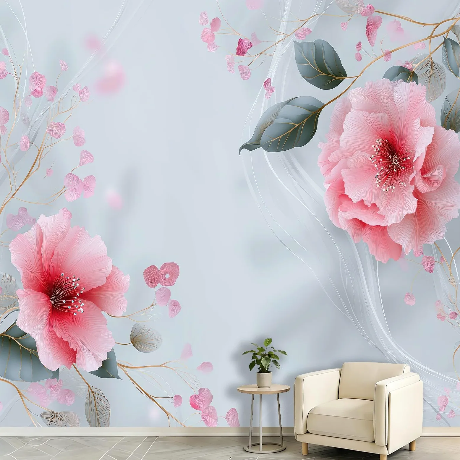Générique Tapeta ścienna do salonu - kwiatowe płatki piwonii - 300x210cm Panoramiczna tapeta z włókniny, botaniczne linie falowane dekoracje ścienne 3D gobelin fotograficzny
