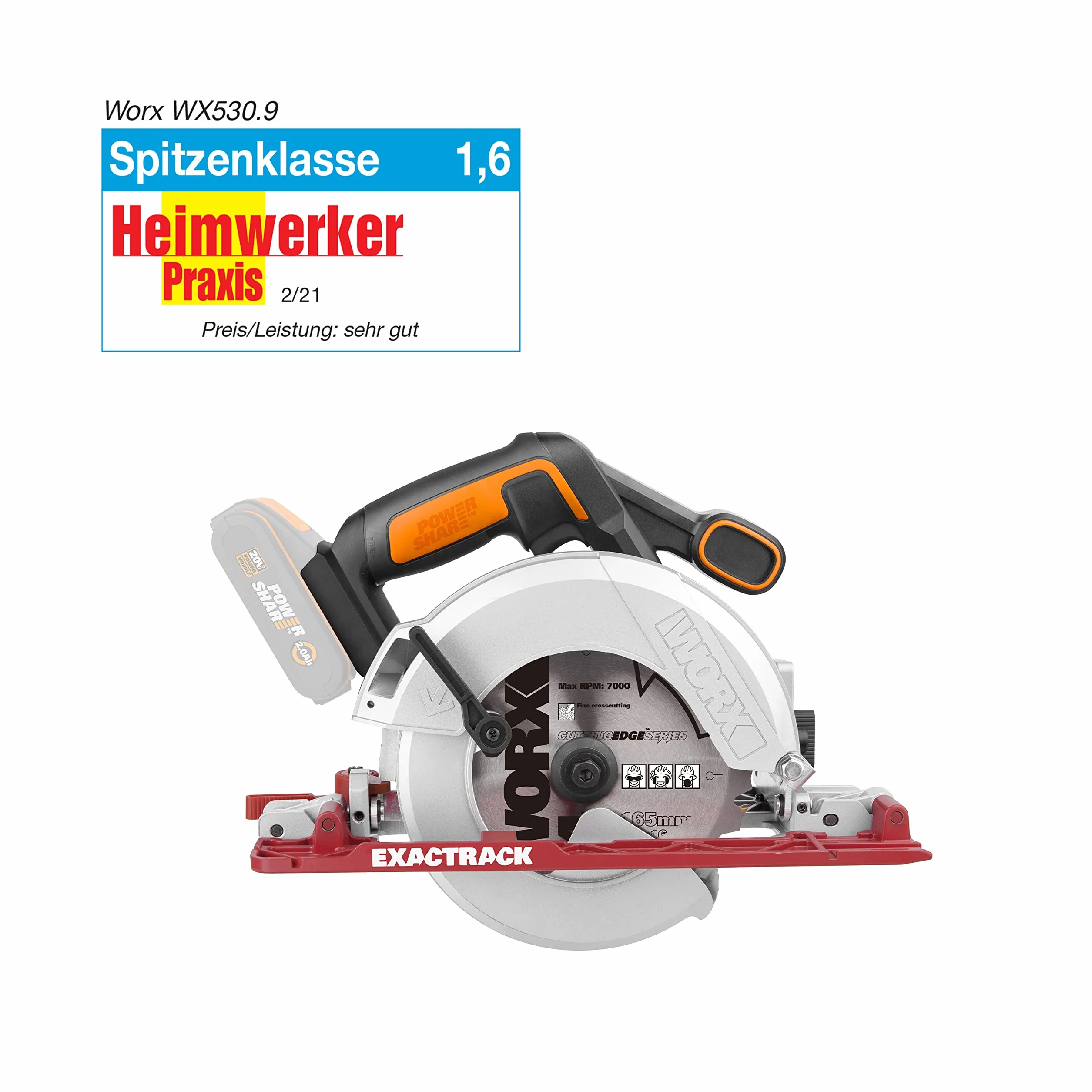 WORX WX530.9 akumulatorowa ręczna piła tarczowa 20 V – profesjonalna piła tarczowa z adapterem odsysającym – idealna również do cięcia ukośnego – kompatybilna z PowerShare – bez akumulatora i