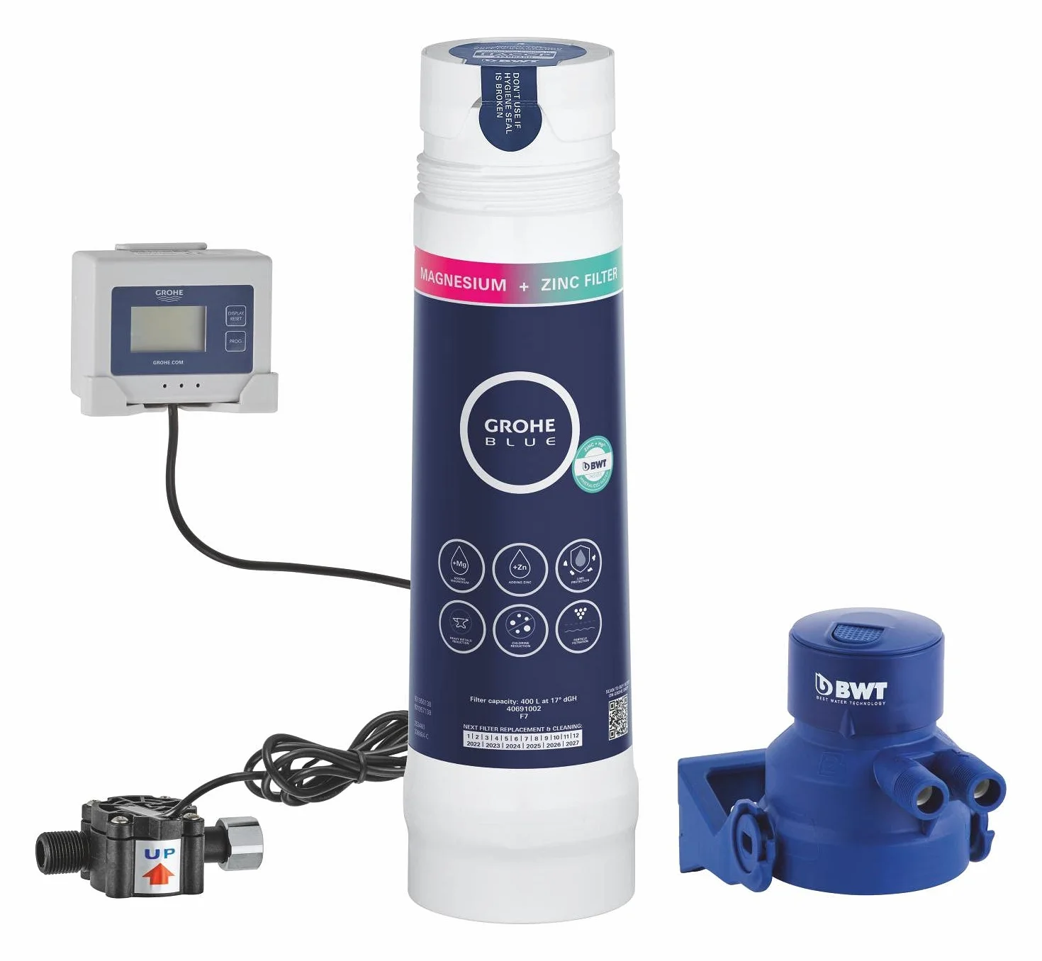 GROHE Blue filtr magnezowo-cynkowy do systemów filtracji GROHE Blue o pojemności 400 l, w zestawie z przepływomierzem i baterie, ref. 40875000