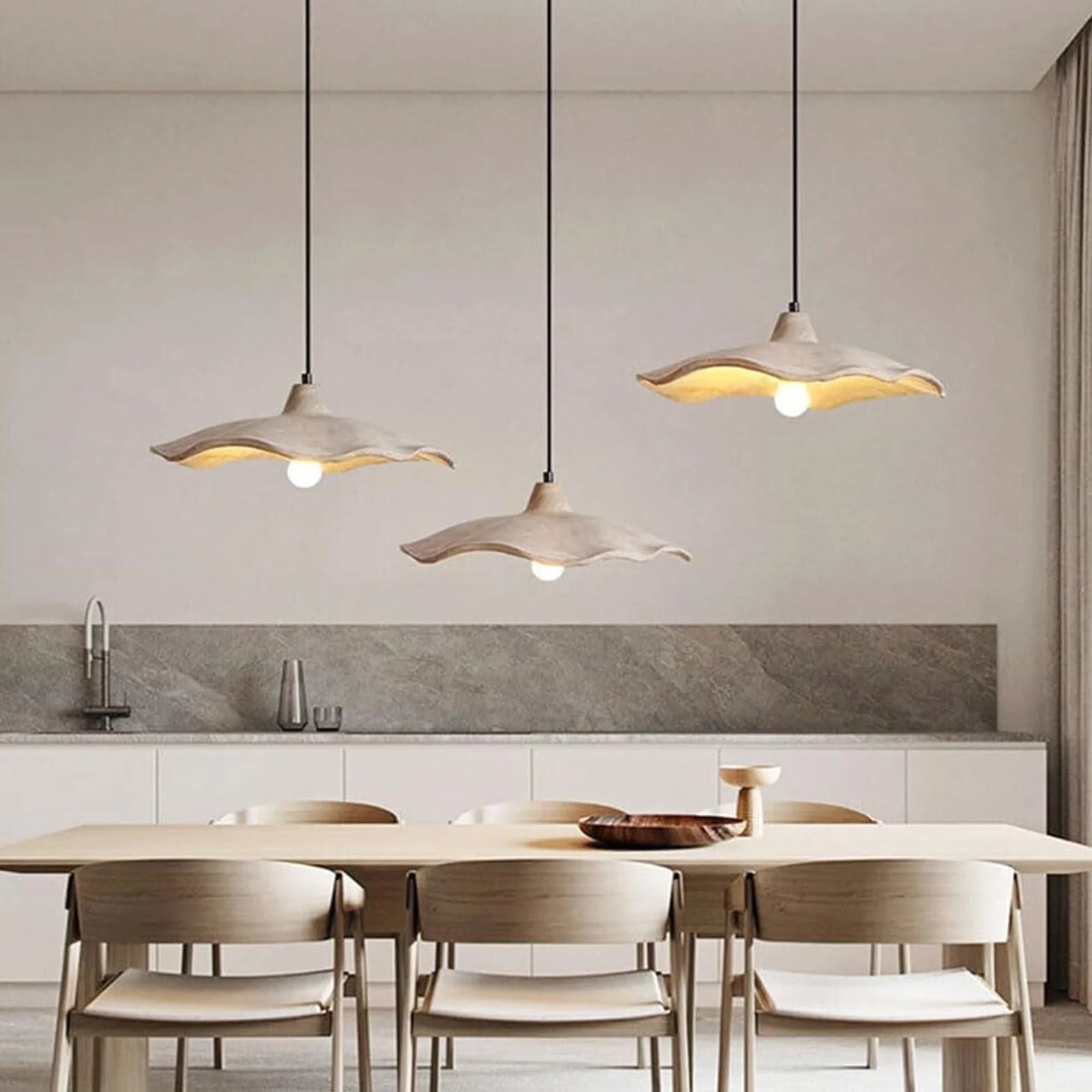 Nordic Grey Concrete Lotus Flower Pendant Lamp Chandelier Hanging Light Ceiling Mid Century Modern For Bedroom Nightstand Bedside Kitchen Island Dining Room(25CM)
