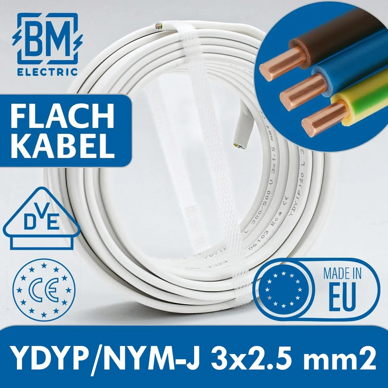 YDYp płaski kabel instalacyjny NYM-J 3 × 2,5 mm², profile 11 × 6 mm, konduktorzy miedziane 300/500 V, szara blacha PCW, instalacja stała do pomieszczeń suchych/parowych/mokrych, kolorowe